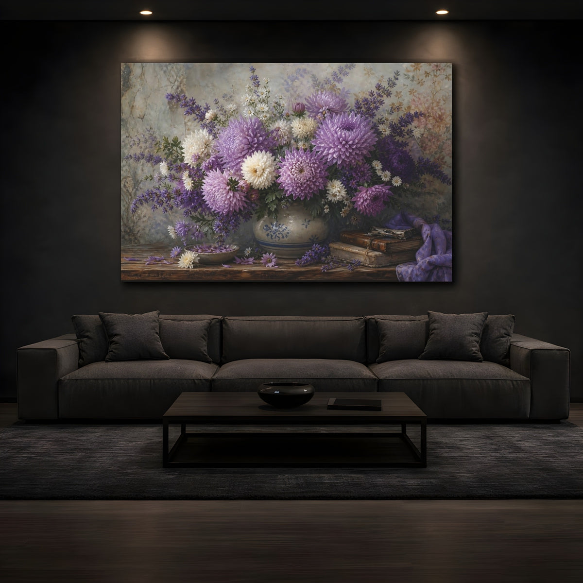 Mockup 3. Antique Still-Life Painting Lavender Chrysanthemums In Stoneware Bowl Humid Air shown as stretched canvas wall art