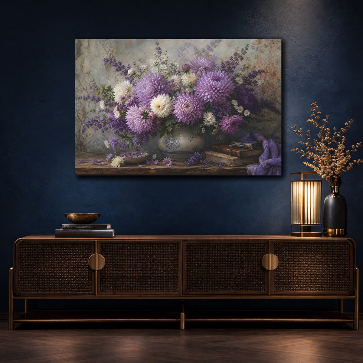 Mockup 4. Antique Still-Life Painting Lavender Chrysanthemums In Stoneware Bowl Humid Air shown as stretched canvas wall art