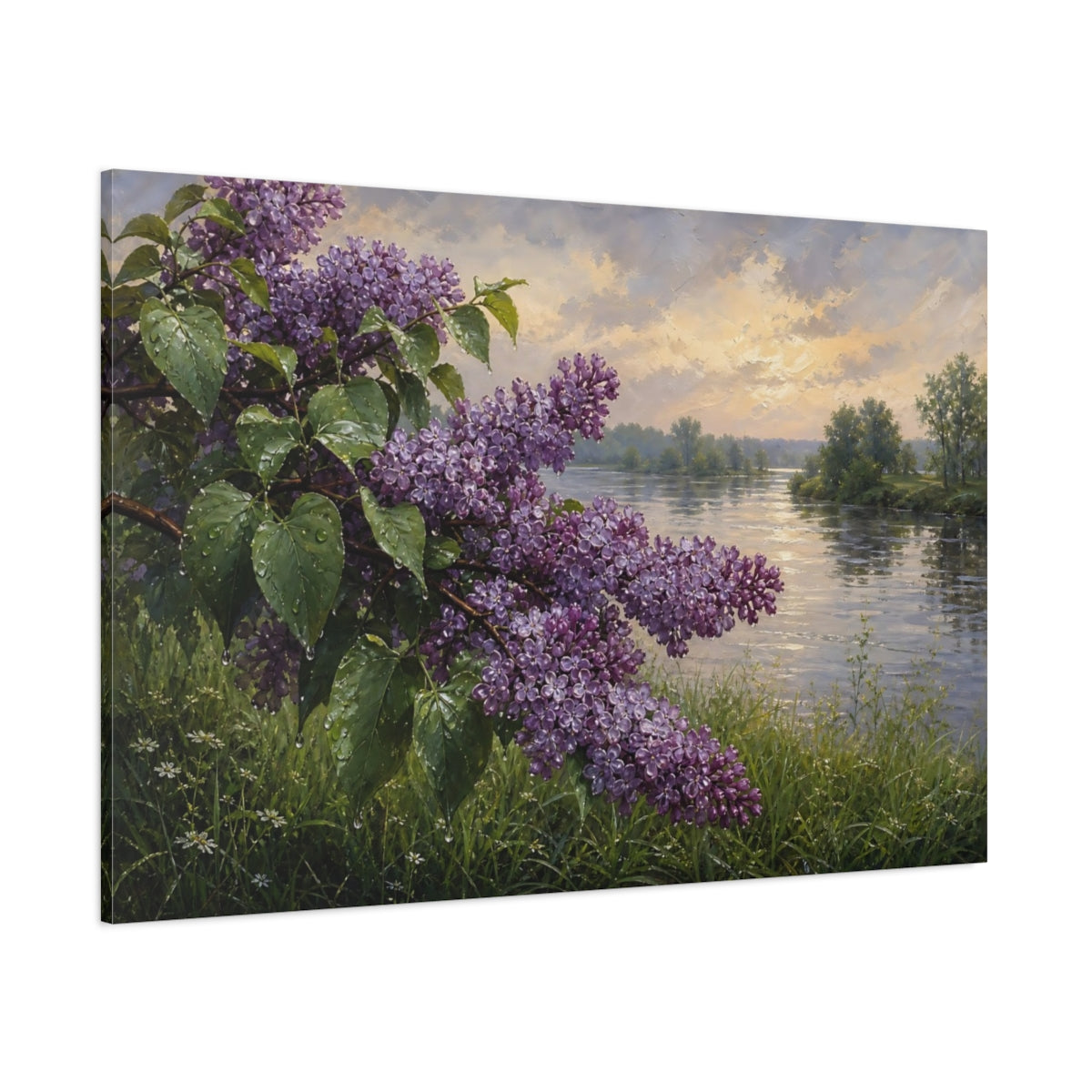 Side Mockup 1. Antique Still-Life Painting Lilac Branches Above Riverside Grass After Gentle Drizzle shown as stretched canvas wall art