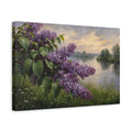Side Mockup 4. Antique Still-Life Painting Lilac Branches Above Riverside Grass After Gentle Drizzle shown as stretched canvas wall art