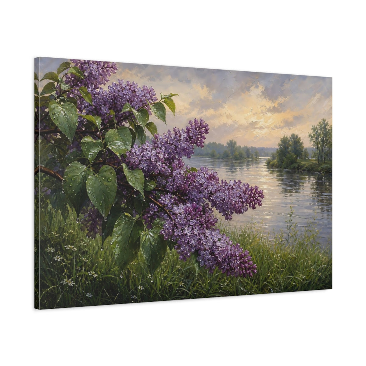 Main Mockup. Antique Still-Life Painting Lilac Branches Above Riverside Grass After Gentle Drizzle shown as stretched canvas wall art