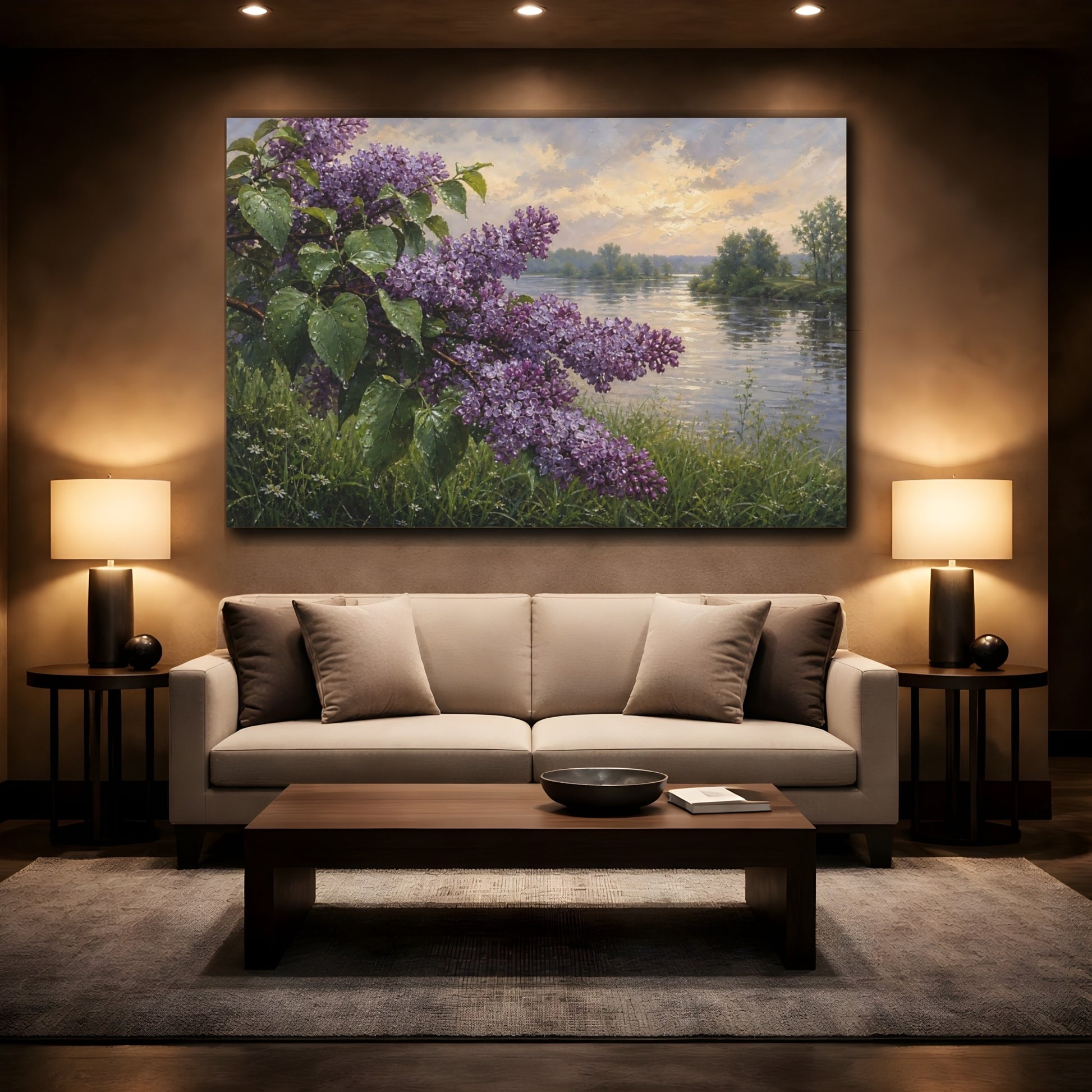 Mockup 2. Antique Still-Life Painting Lilac Branches Above Riverside Grass After Gentle Drizzle shown as stretched canvas wall art