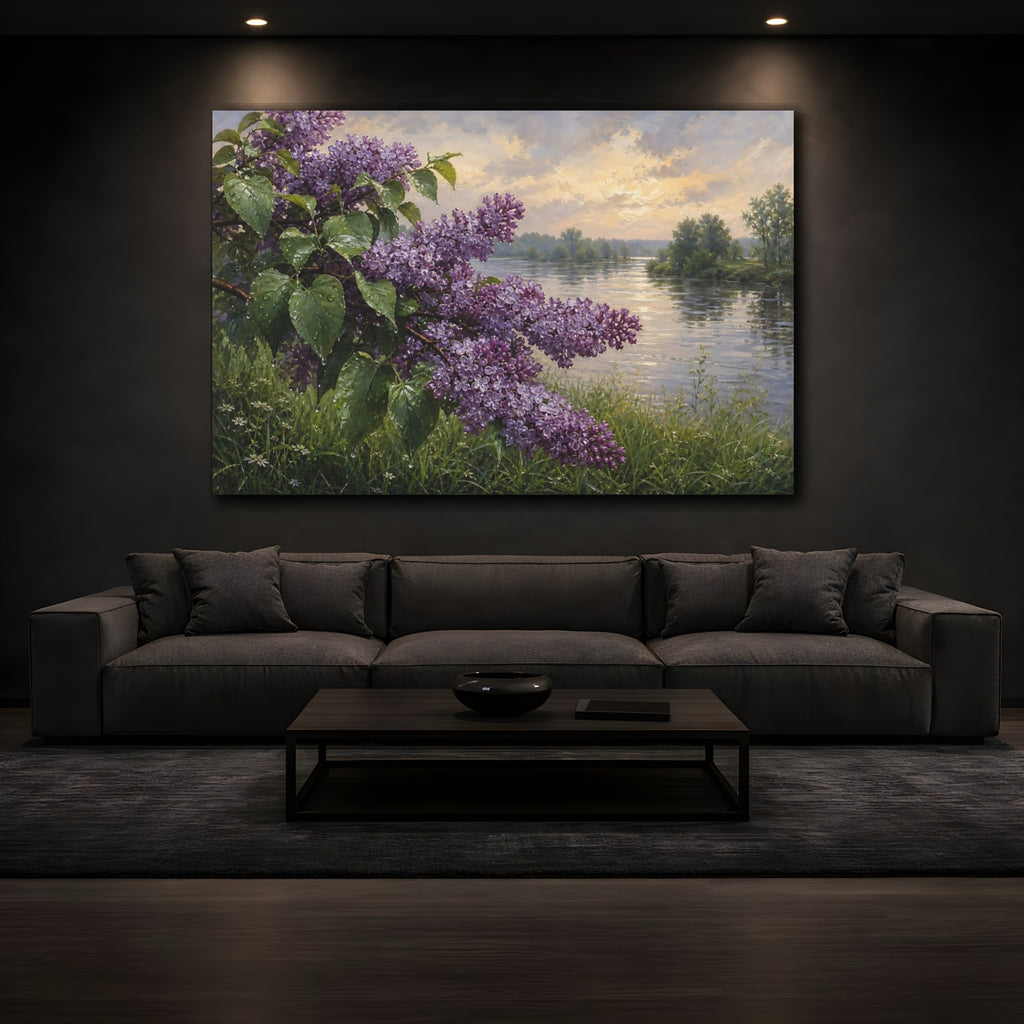 Mockup 3. Antique Still-Life Painting Lilac Branches Above Riverside Grass After Gentle Drizzle shown as stretched canvas wall art