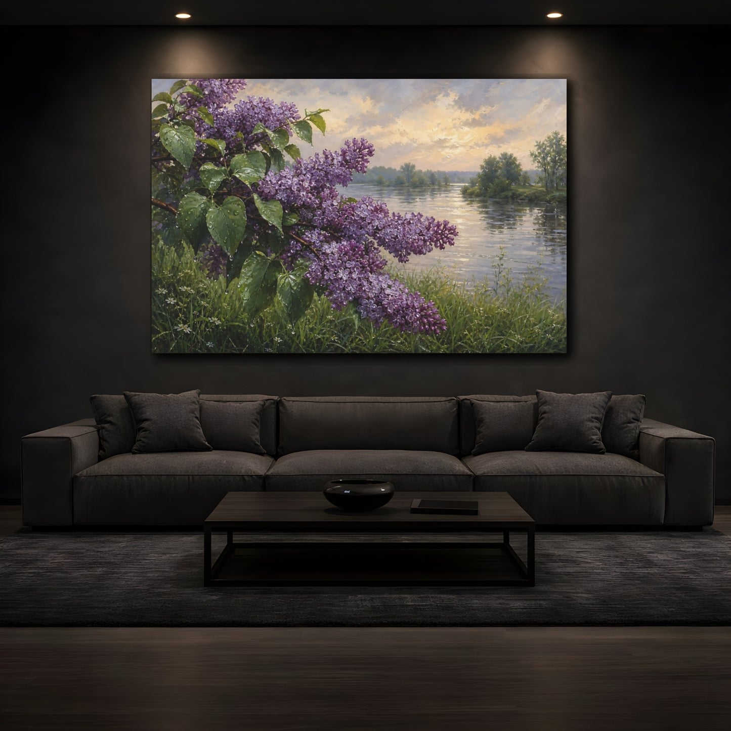 Mockup 3. Antique Still-Life Painting Lilac Branches Above Riverside Grass After Gentle Drizzle shown as stretched canvas wall art