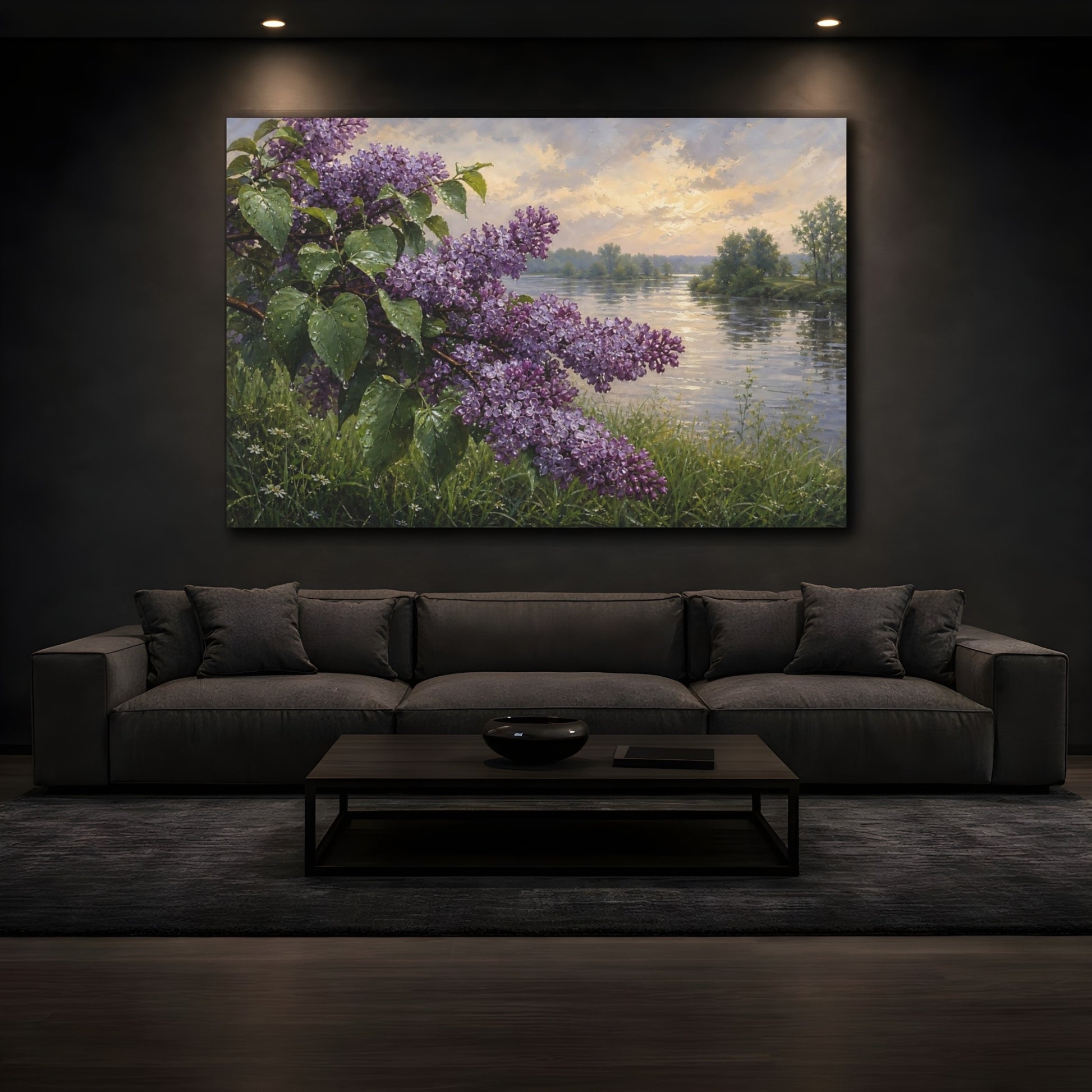 Mockup 3. Antique Still-Life Painting Lilac Branches Above Riverside Grass After Gentle Drizzle shown as stretched canvas wall art
