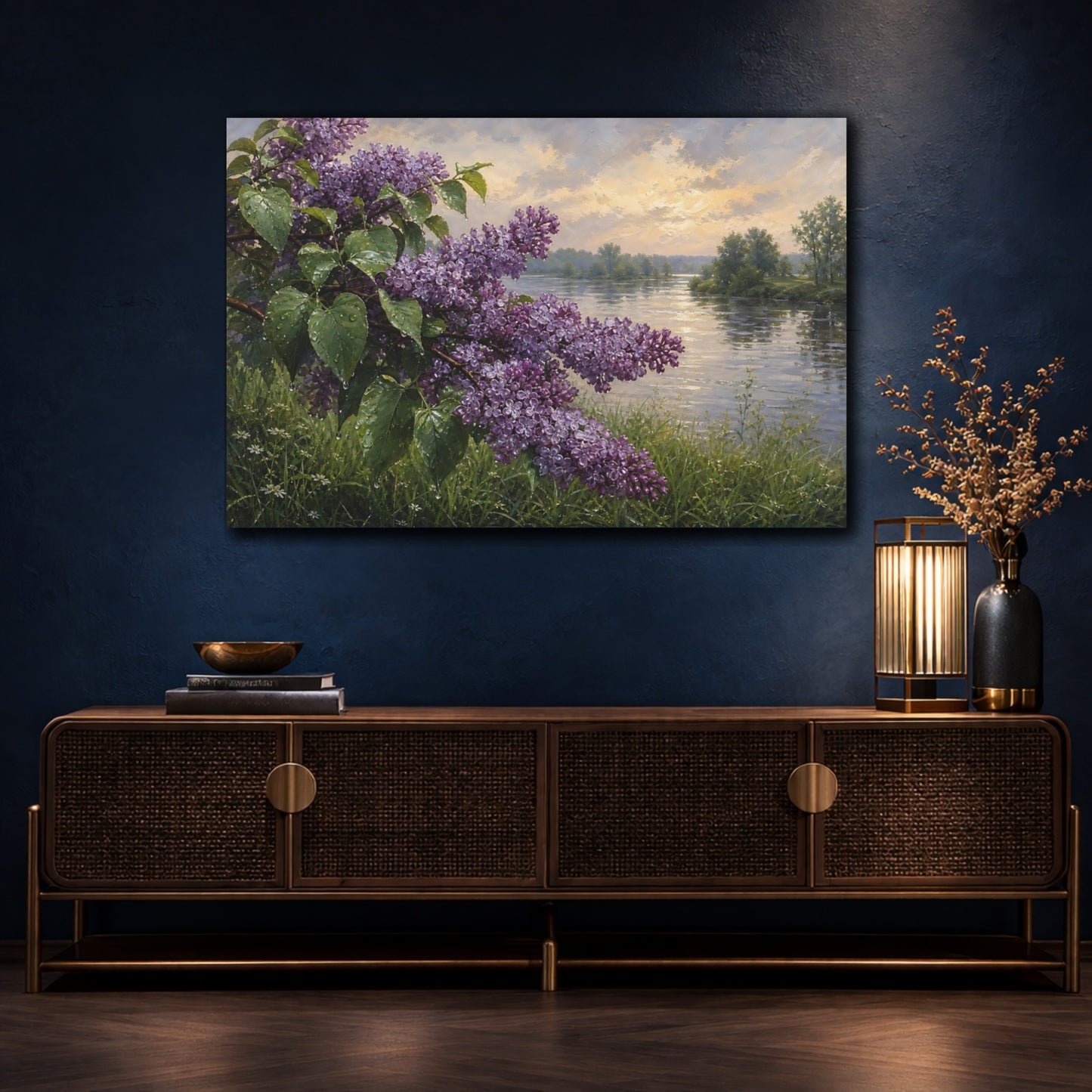 Mockup 4. Antique Still-Life Painting Lilac Branches Above Riverside Grass After Gentle Drizzle shown as stretched canvas wall art