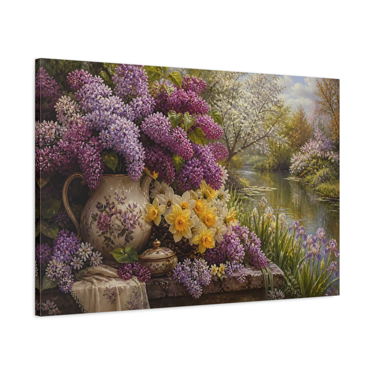 Main Mockup. Antique Still-Life Painting Lilac Spring Daffodils Across Pond Edge In Morning Light shown as stretched canvas wall art