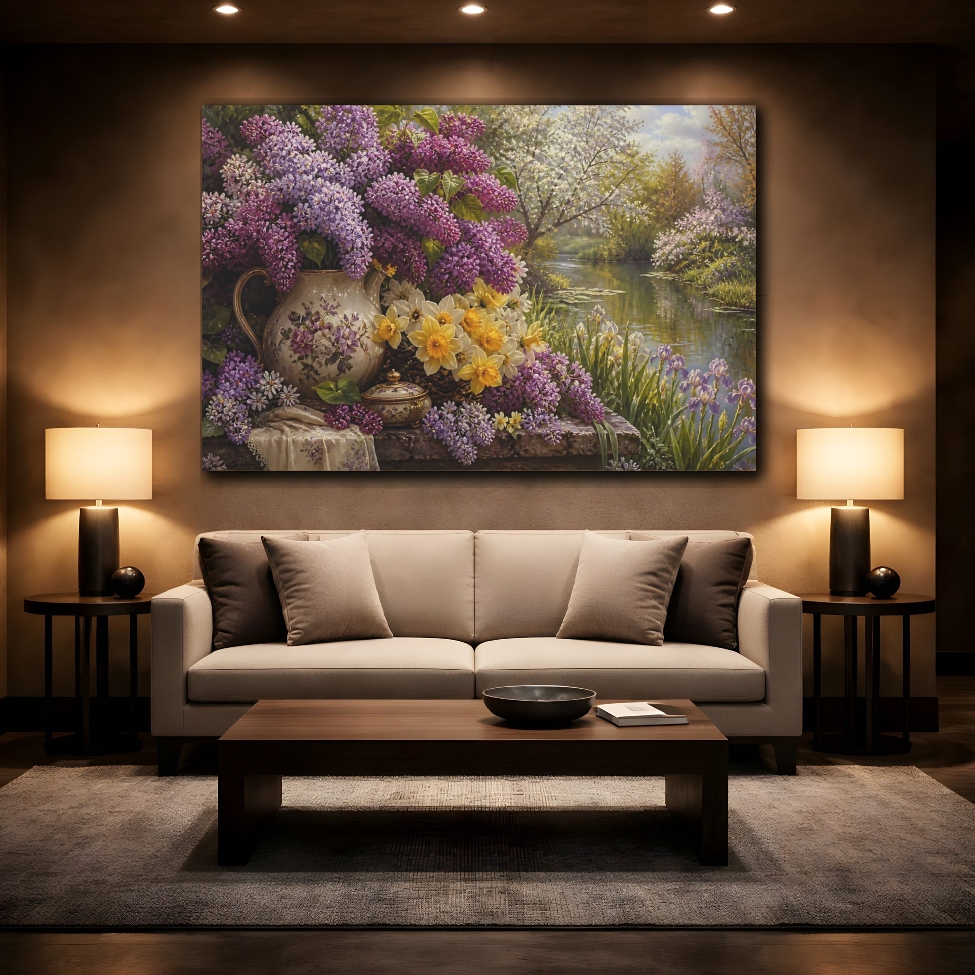 Mockup 2. Antique Still-Life Painting Lilac Spring Daffodils Across Pond Edge In Morning Light shown as stretched canvas wall art