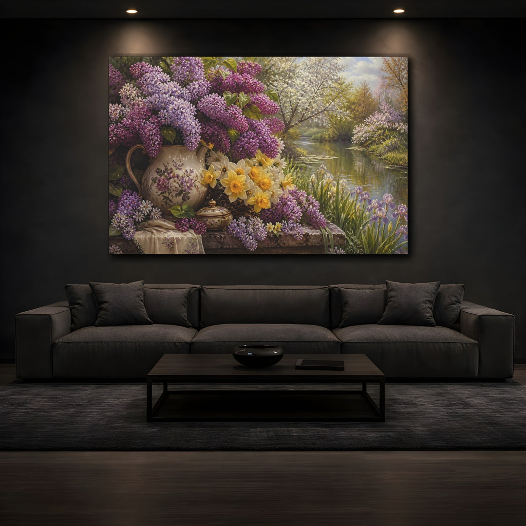 Mockup 3. Antique Still-Life Painting Lilac Spring Daffodils Across Pond Edge In Morning Light shown as stretched canvas wall art