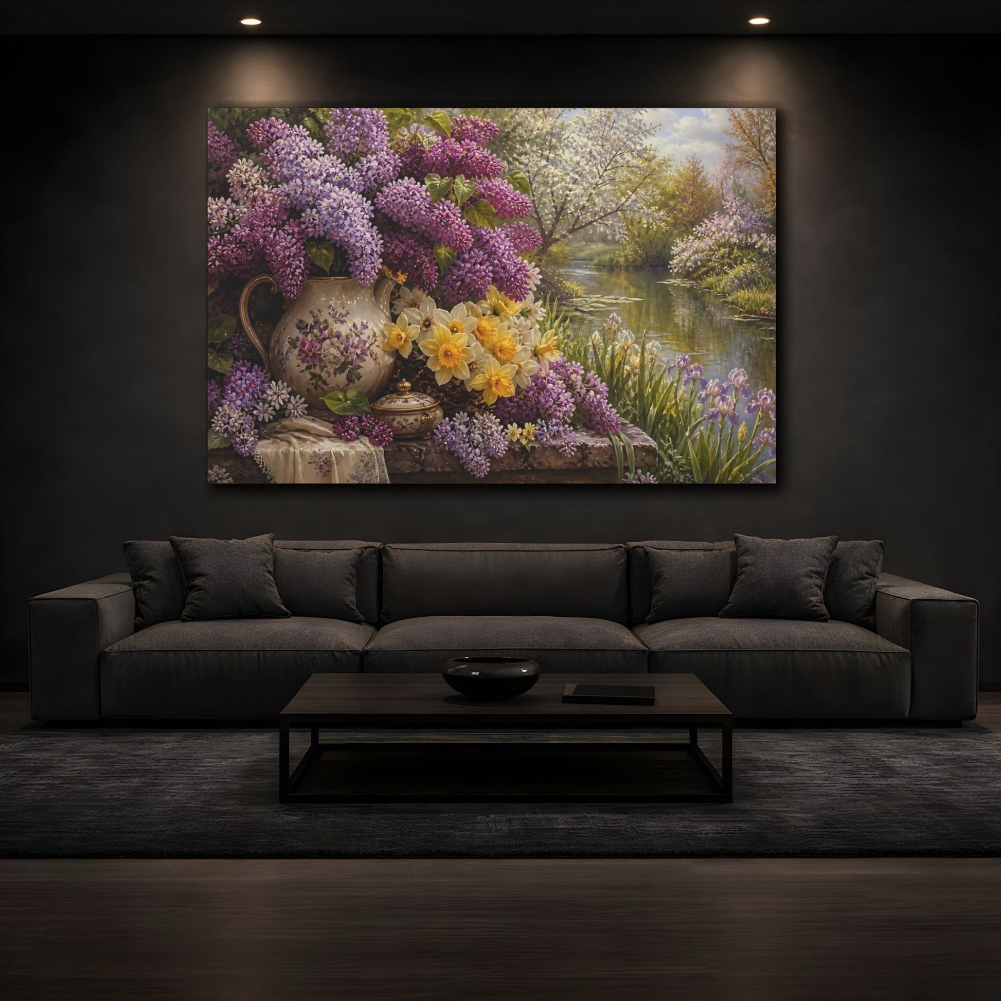 Mockup 3. Antique Still-Life Painting Lilac Spring Daffodils Across Pond Edge In Morning Light shown as stretched canvas wall art