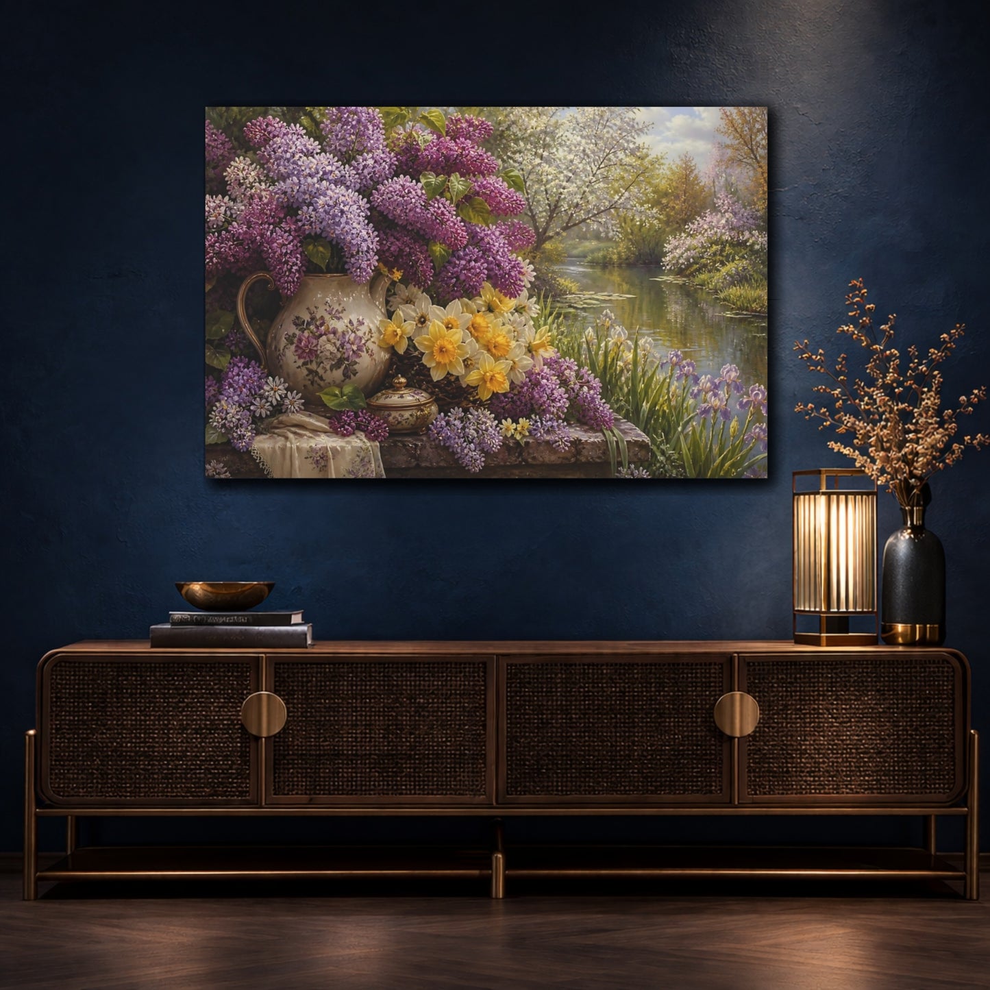 Mockup 4. Antique Still-Life Painting Lilac Spring Daffodils Across Pond Edge In Morning Light shown as stretched canvas wall art