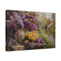 Side Mockup 4. Antique Still-Life Painting Lilac Spring Daffodils Across Pond Edge In Morning Light shown as stretched canvas wall art