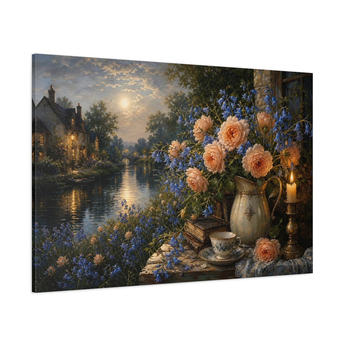 Side Mockup 1. Antique Still-Life Painting Peach Bluebells Across Quiet Canal Near Candle Glow shown as stretched canvas wall art