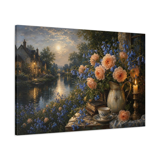 Main Mockup. Antique Still-Life Painting Peach Bluebells Across Quiet Canal Near Candle Glow shown as stretched canvas wall art