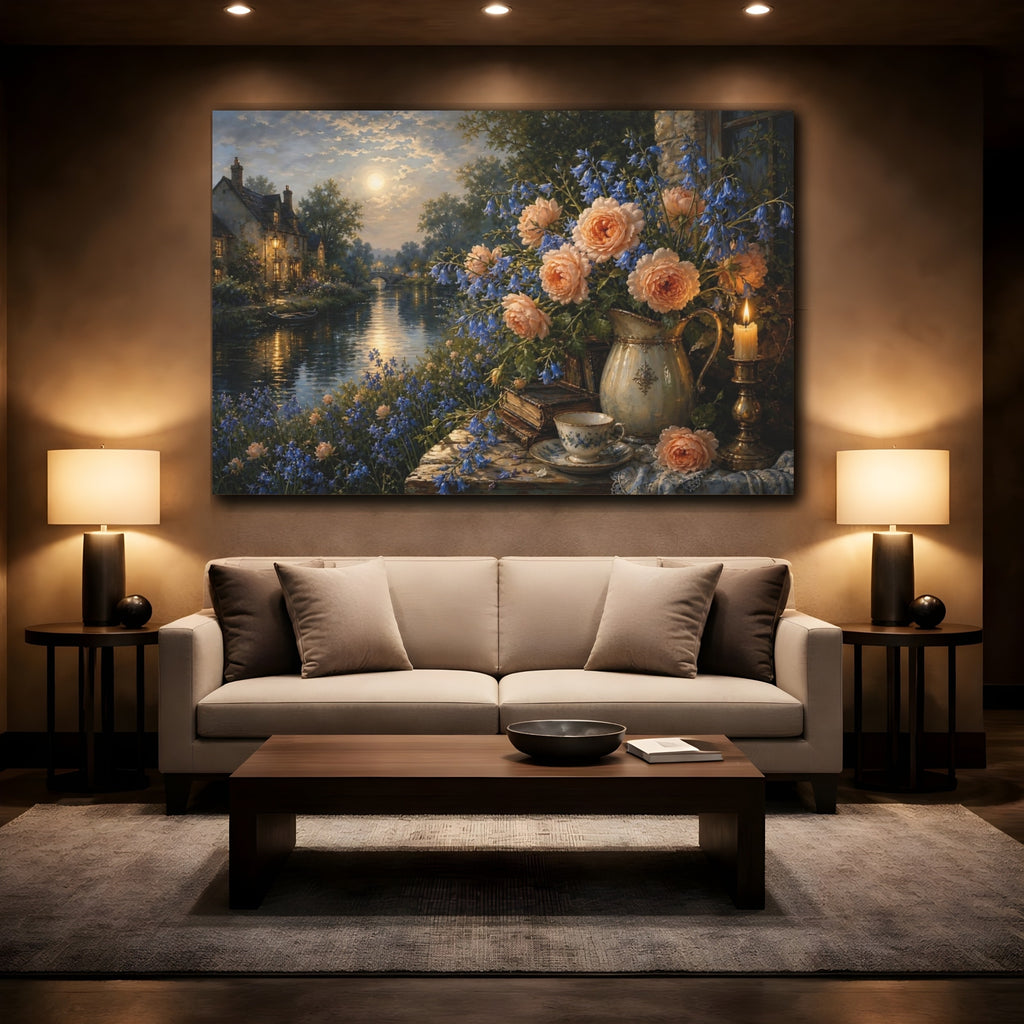 Mockup 2. Antique Still-Life Painting Peach Bluebells Across Quiet Canal Near Candle Glow shown as stretched canvas wall art