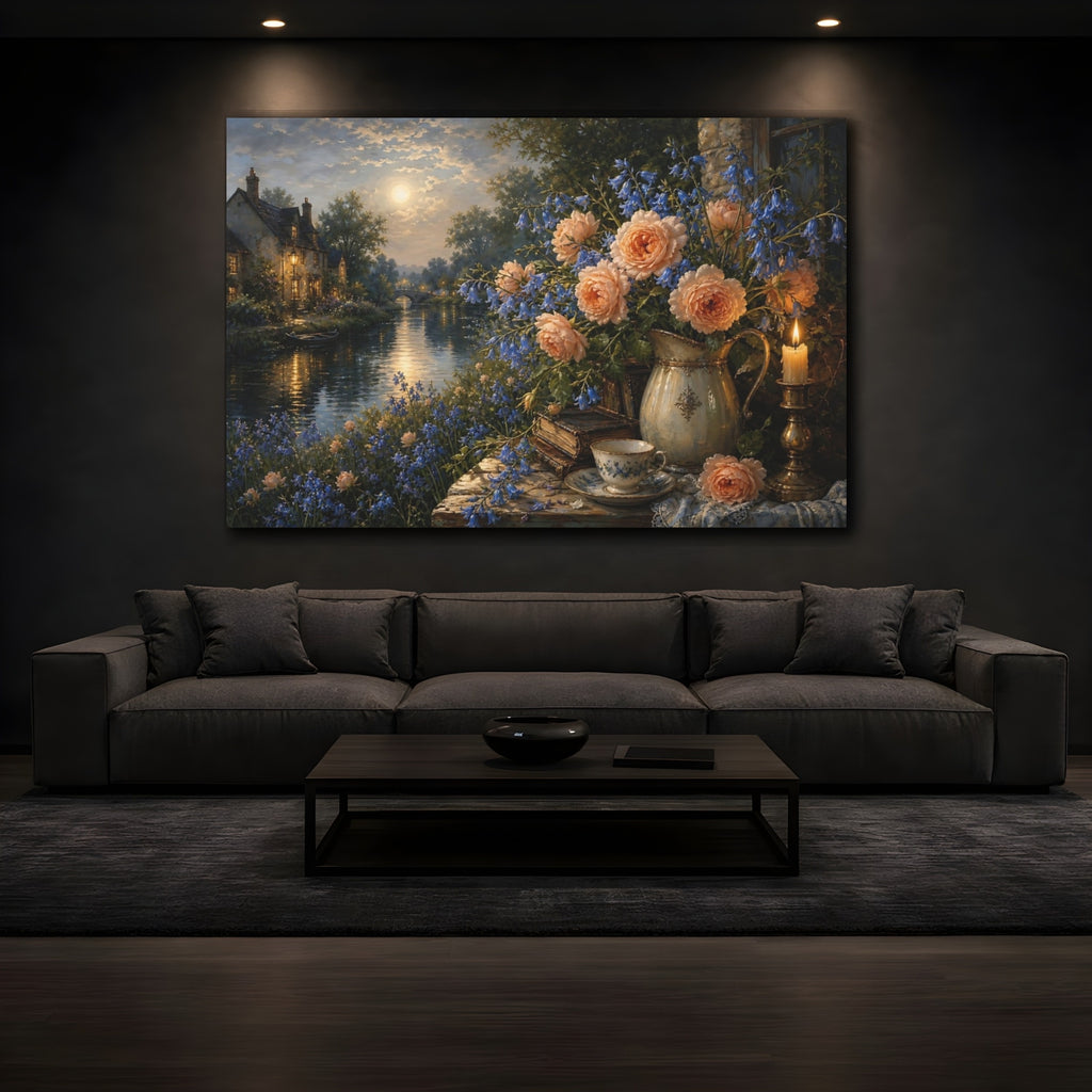 Mockup 3. Antique Still-Life Painting Peach Bluebells Across Quiet Canal Near Candle Glow shown as stretched canvas wall art