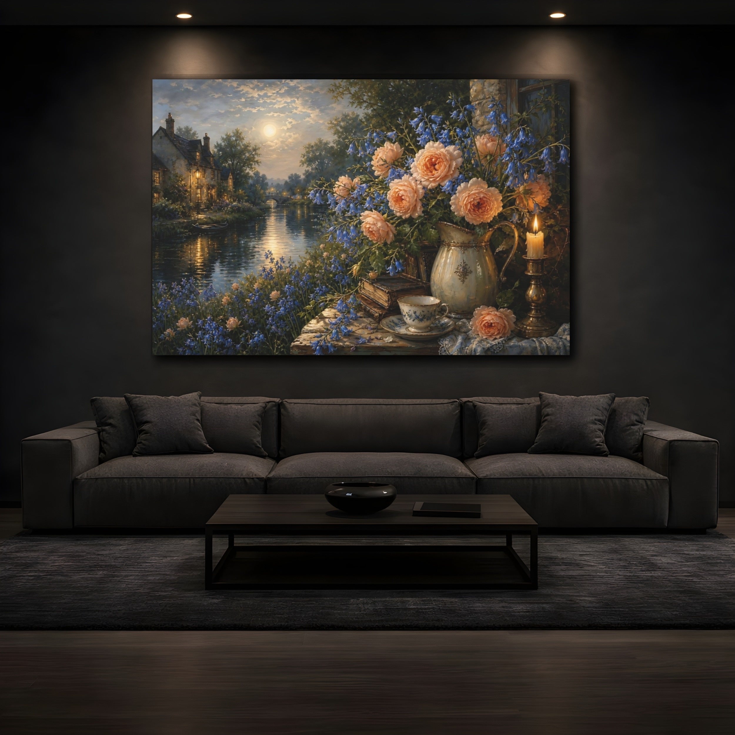 Mockup 3. Antique Still-Life Painting Peach Bluebells Across Quiet Canal Near Candle Glow shown as stretched canvas wall art