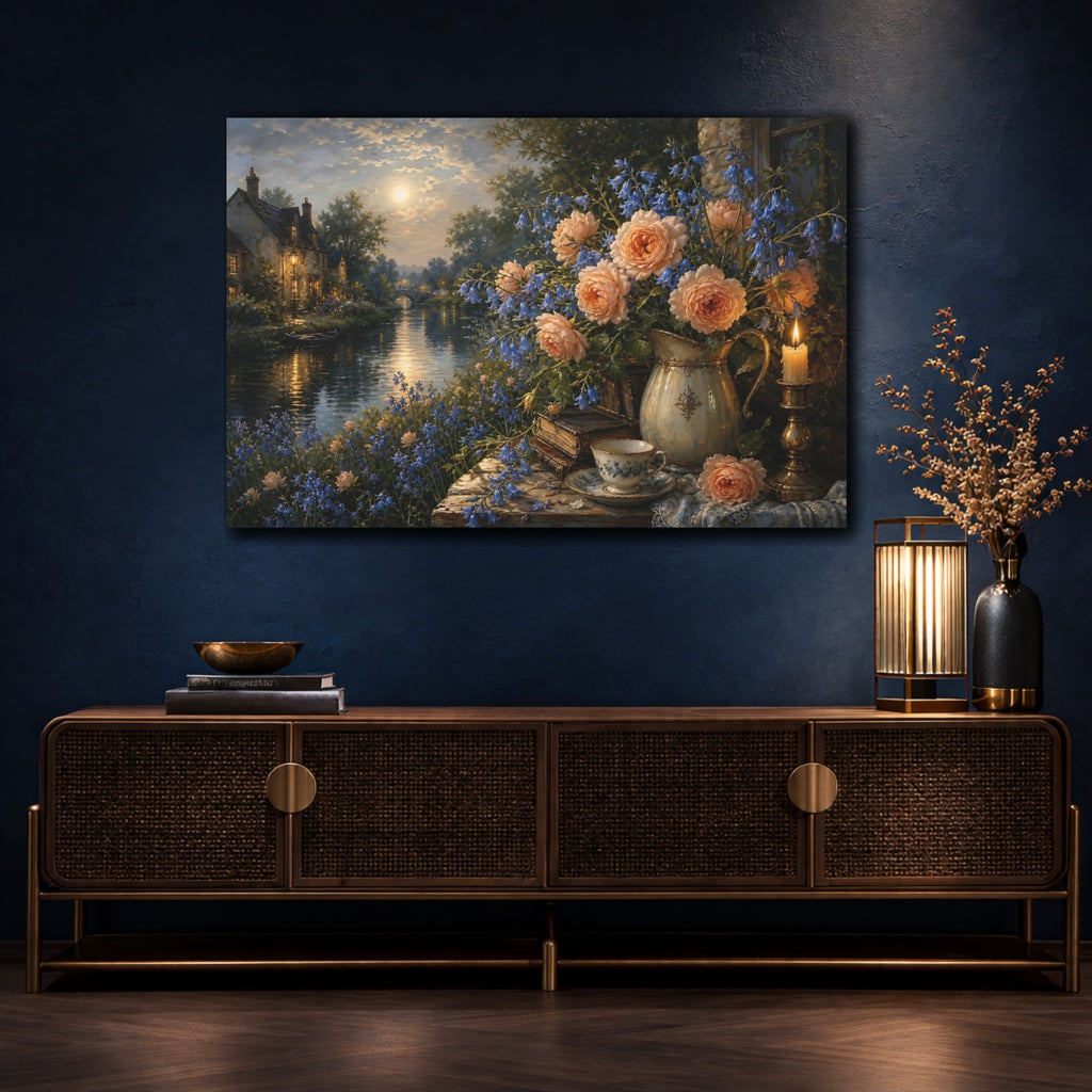Mockup 4. Antique Still-Life Painting Peach Bluebells Across Quiet Canal Near Candle Glow shown as stretched canvas wall art