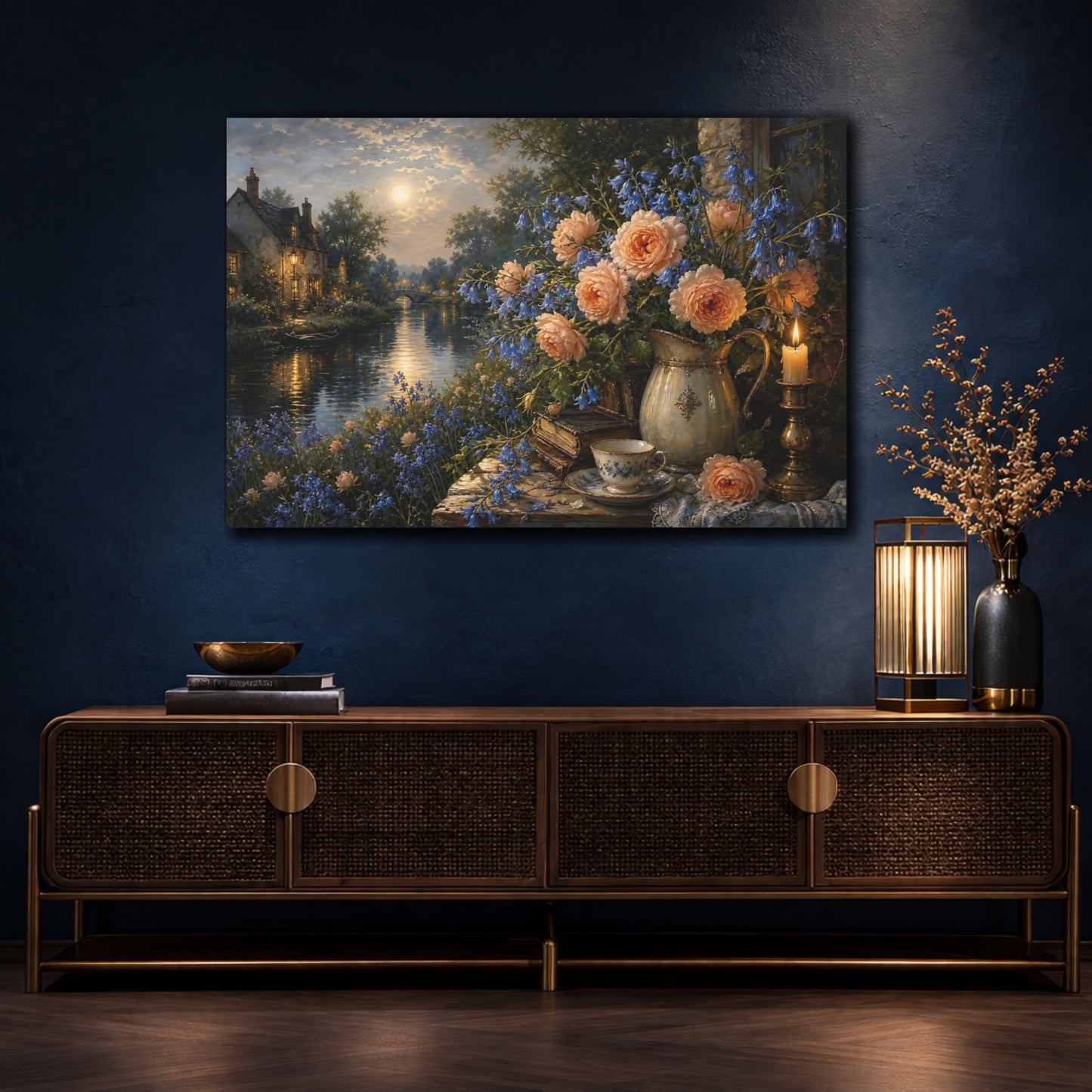 Mockup 4. Antique Still-Life Painting Peach Bluebells Across Quiet Canal Near Candle Glow shown as stretched canvas wall art