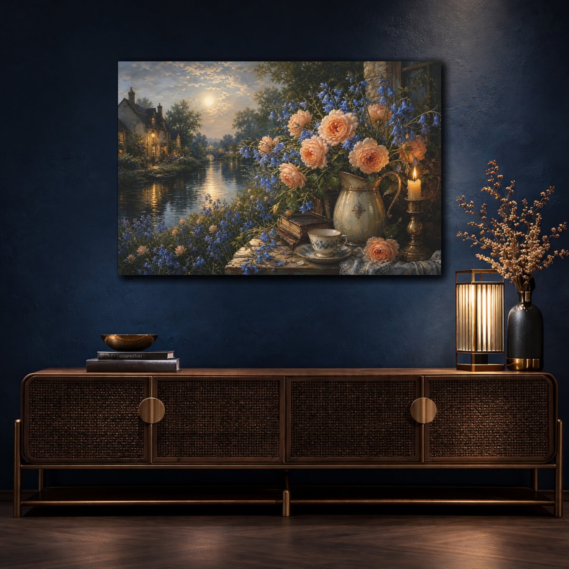 Mockup 4. Antique Still-Life Painting Peach Bluebells Across Quiet Canal Near Candle Glow shown as stretched canvas wall art