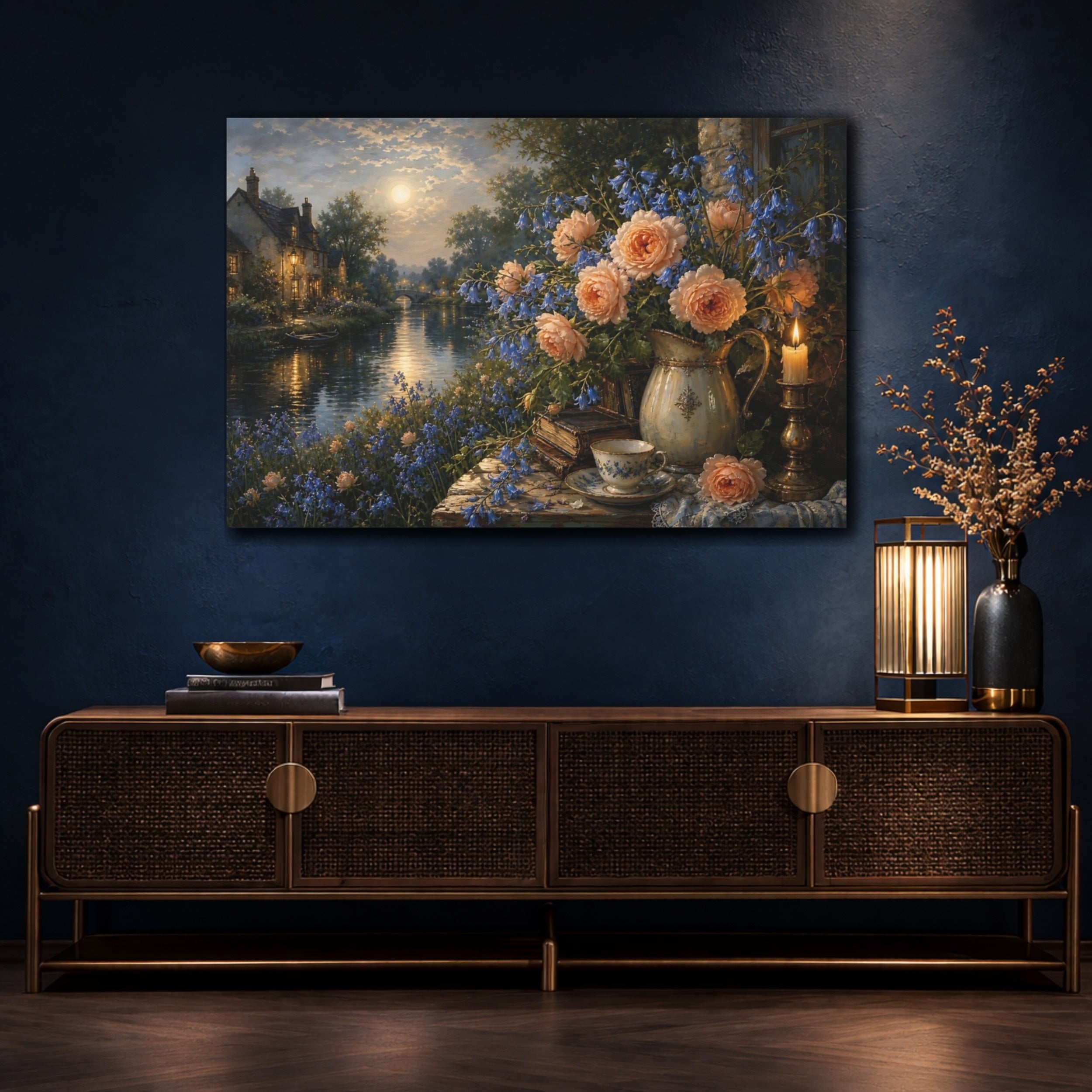 Mockup 4. Antique Still-Life Painting Peach Bluebells Across Quiet Canal Near Candle Glow shown as stretched canvas wall art