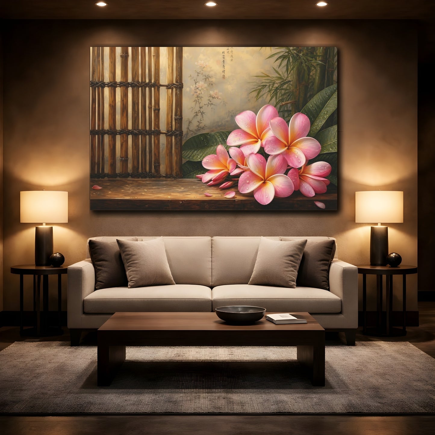 Mockup 2. Antique Still-Life Painting Pink Plumeria Beside Bamboo Screen With Dew Drops shown as stretched canvas wall art