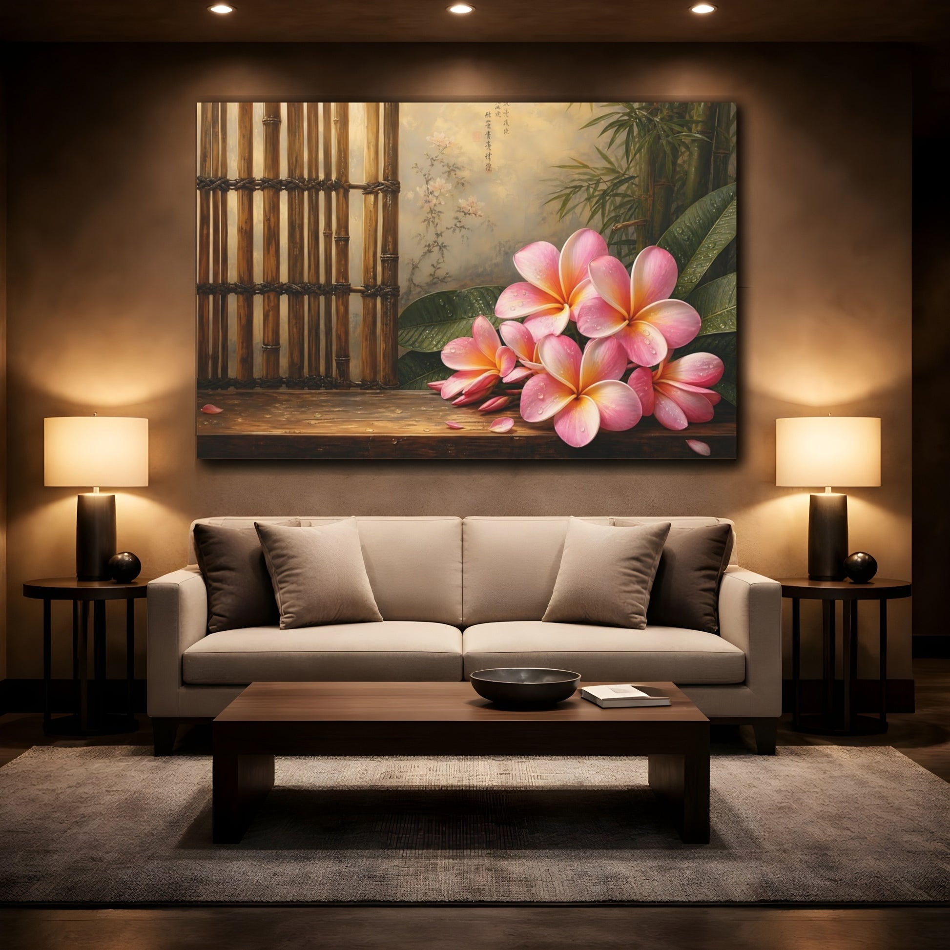 Mockup 2. Antique Still-Life Painting Pink Plumeria Beside Bamboo Screen With Dew Drops shown as stretched canvas wall art