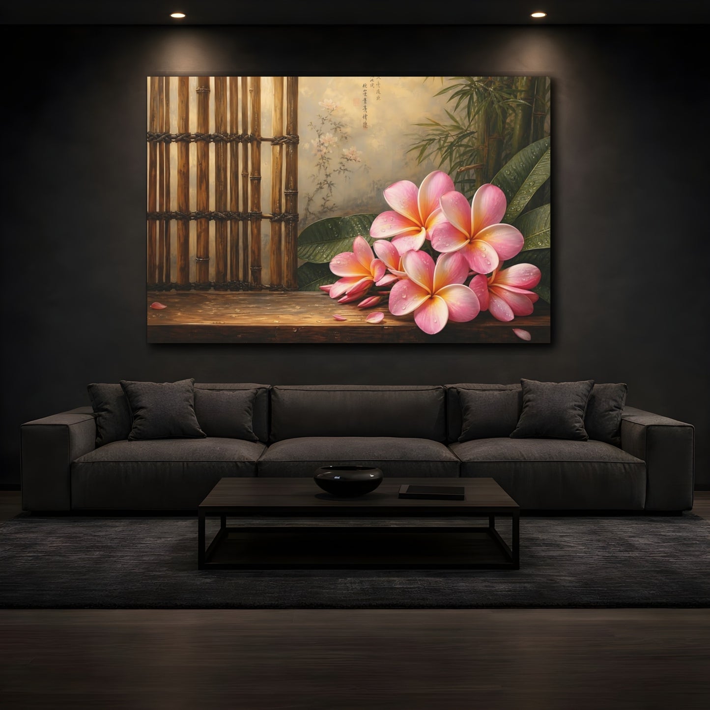 Mockup 3. Antique Still-Life Painting Pink Plumeria Beside Bamboo Screen With Dew Drops shown as stretched canvas wall art