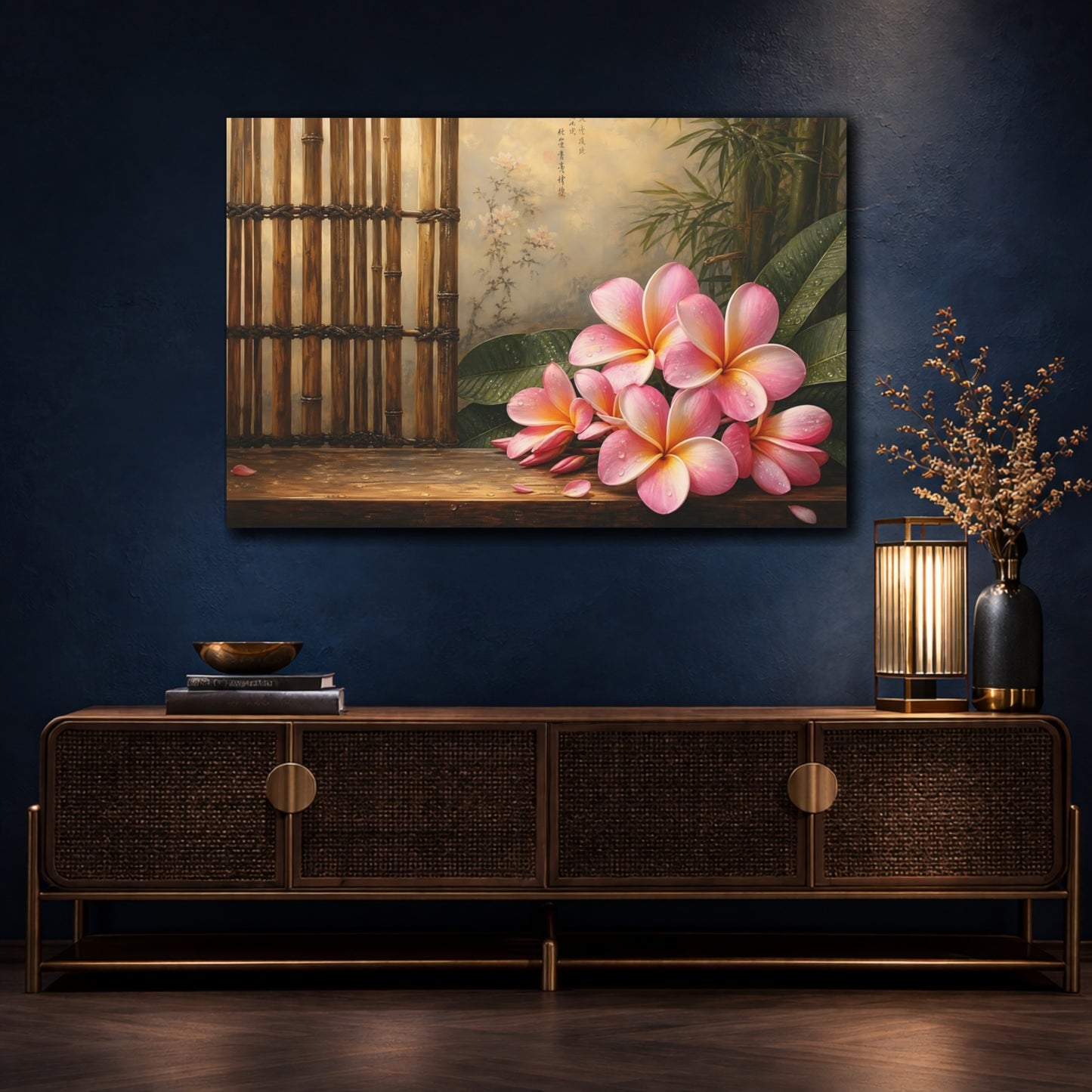 Mockup 4. Antique Still-Life Painting Pink Plumeria Beside Bamboo Screen With Dew Drops shown as stretched canvas wall art