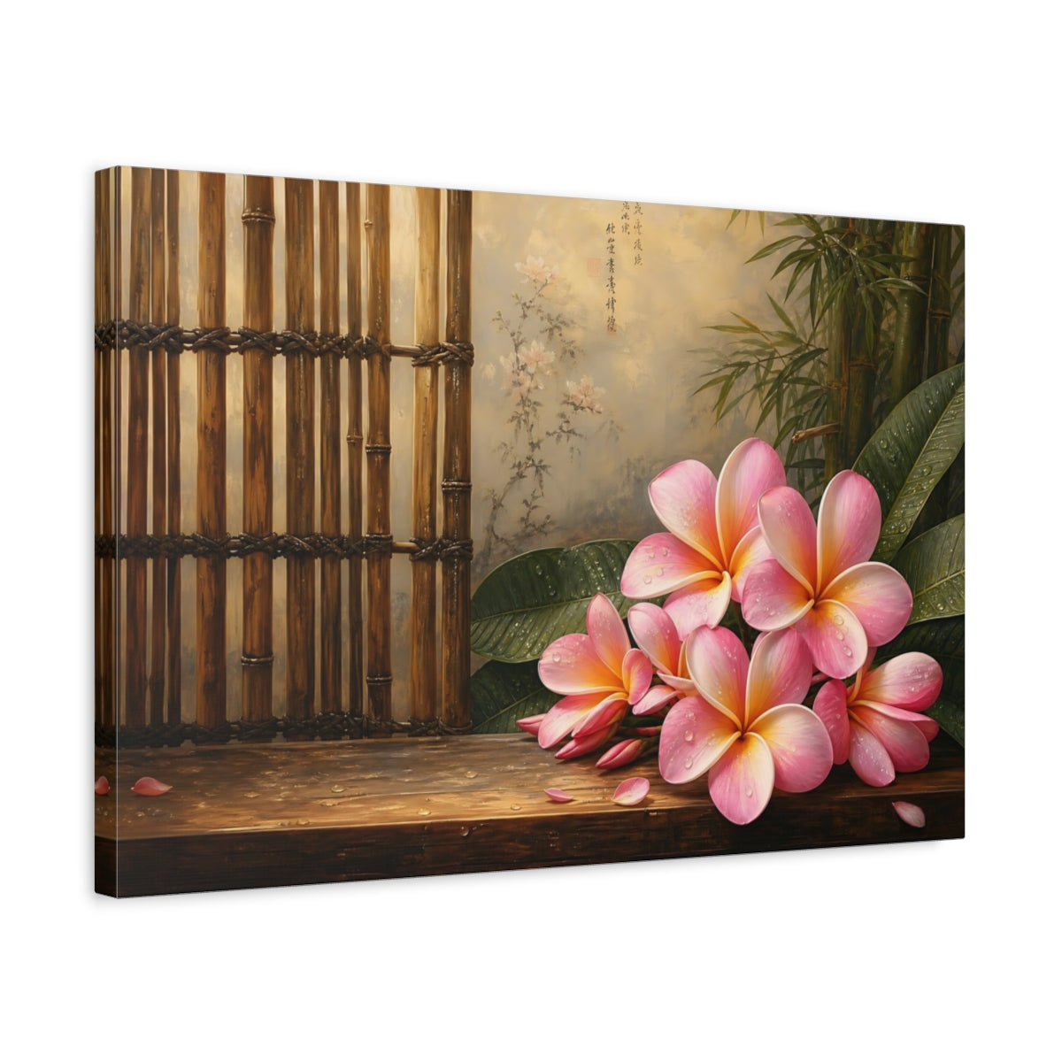 Side Mockup 3. Antique Still-Life Painting Pink Plumeria Beside Bamboo Screen With Dew Drops shown as stretched canvas wall art
