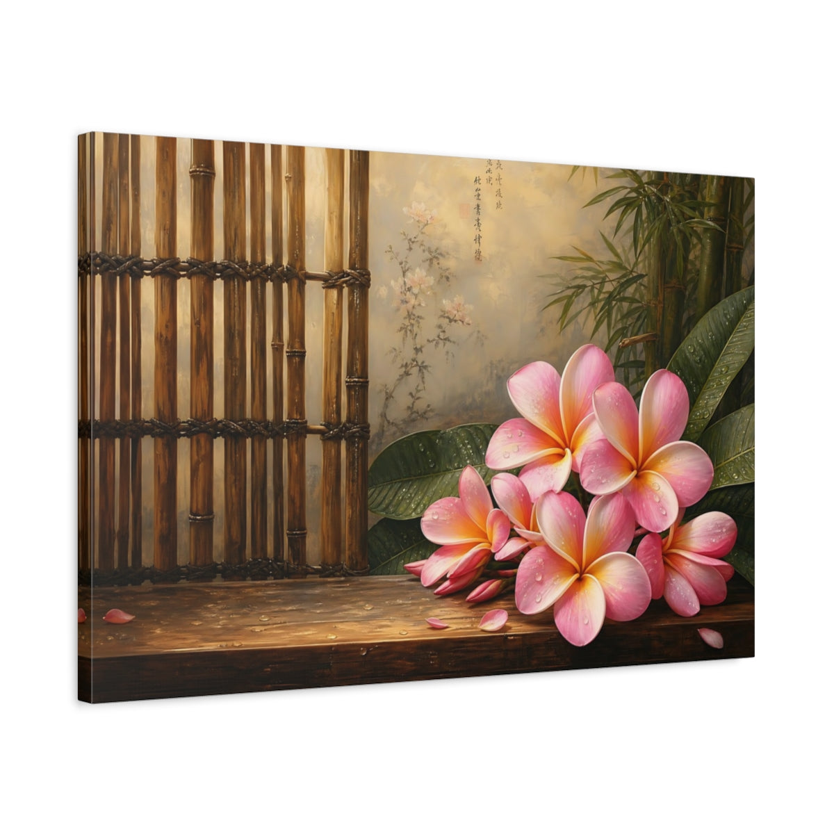 Side Mockup 2. Antique Still-Life Painting Pink Plumeria Beside Bamboo Screen With Dew Drops shown as stretched canvas wall art