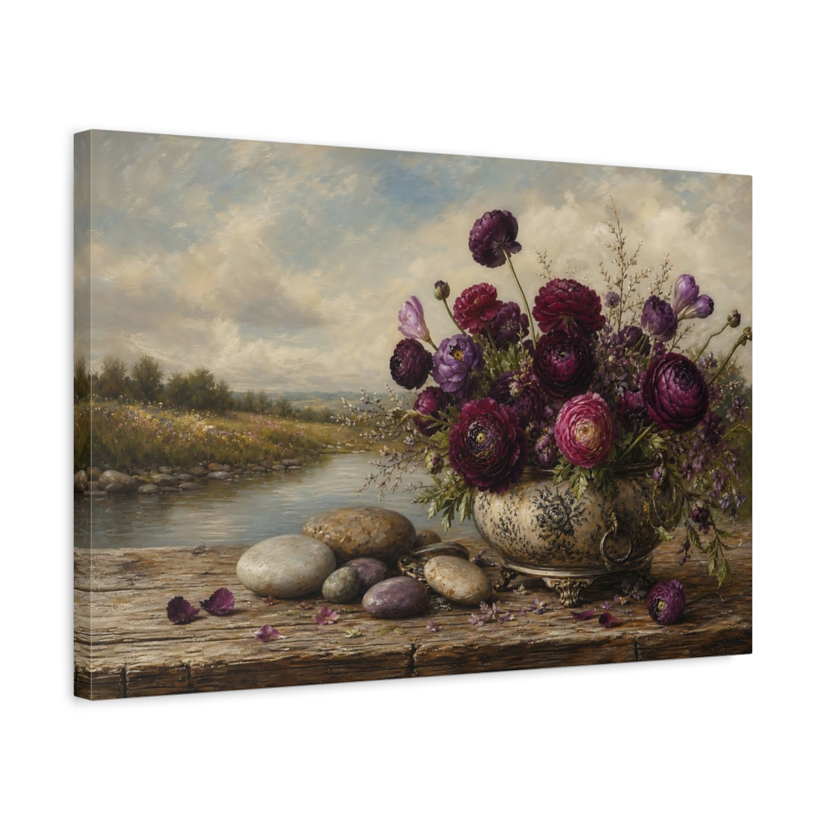 Side Mockup 3. Antique Still-Life Painting Plum Ranunculus Beside River Stones On Wooden Bench shown as stretched canvas wall art