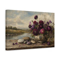 Side Mockup 4. Antique Still-Life Painting Plum Ranunculus Beside River Stones On Wooden Bench shown as stretched canvas wall art