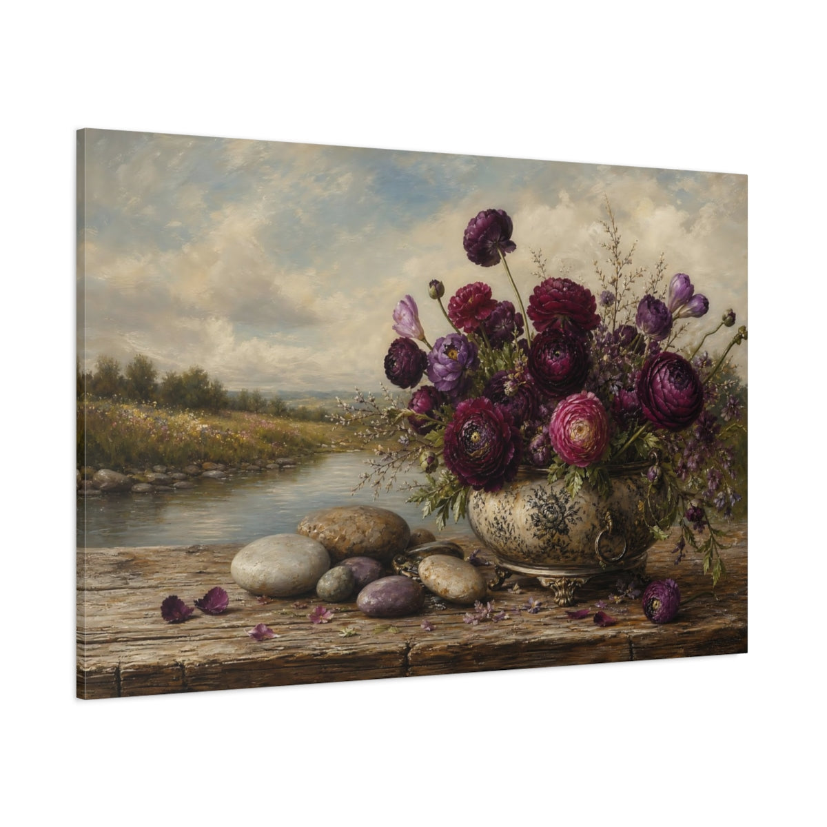 Side Mockup 1. Antique Still-Life Painting Plum Ranunculus Beside River Stones On Wooden Bench shown as stretched canvas wall art