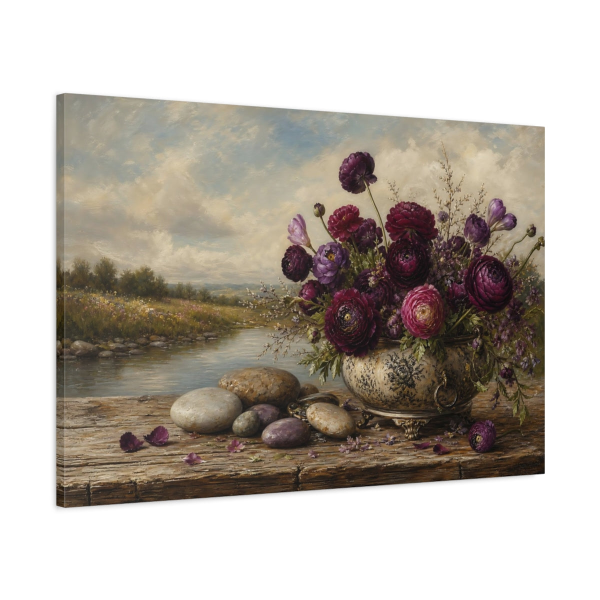 Main Mockup. Antique Still-Life Painting Plum Ranunculus Beside River Stones On Wooden Bench shown as stretched canvas wall art