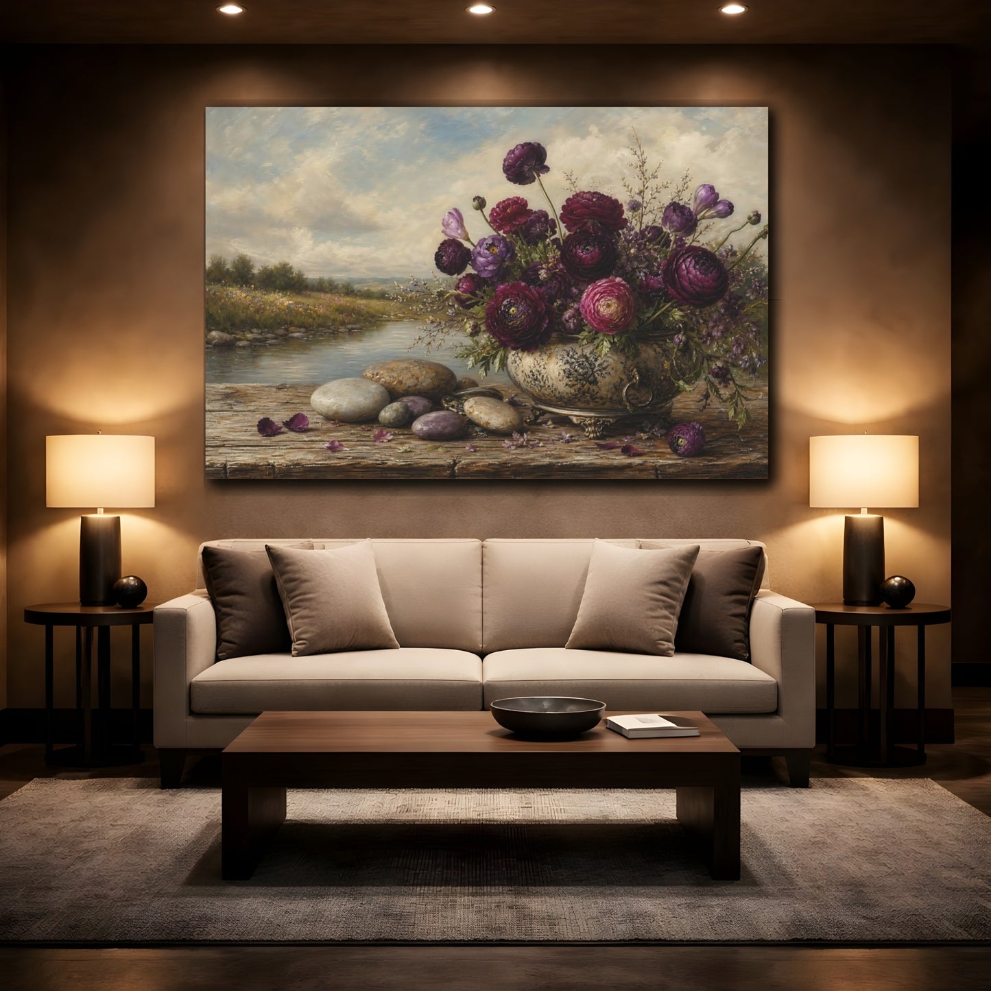 Mockup 2. Antique Still-Life Painting Plum Ranunculus Beside River Stones On Wooden Bench shown as stretched canvas wall art