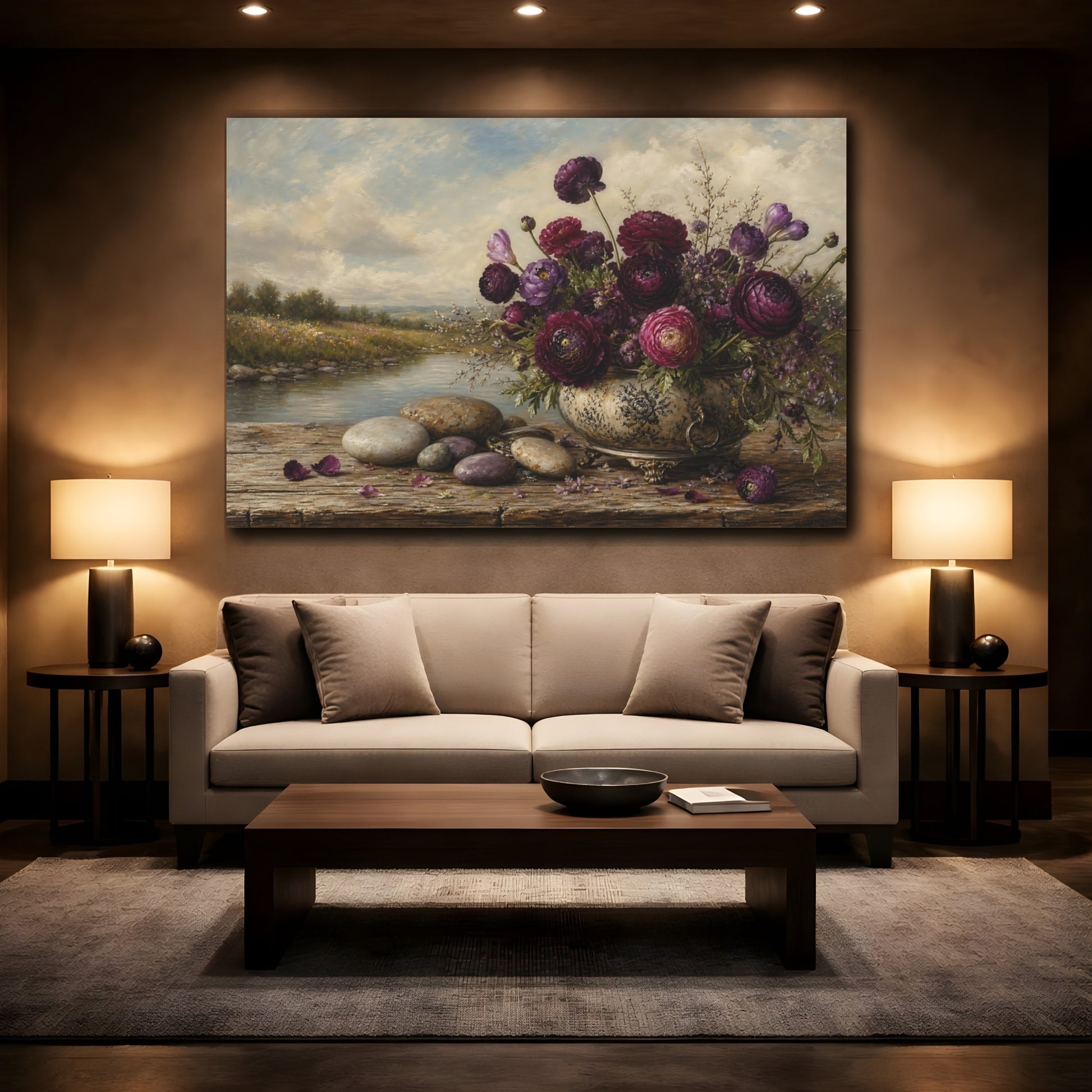 Mockup 2. Antique Still-Life Painting Plum Ranunculus Beside River Stones On Wooden Bench shown as stretched canvas wall art