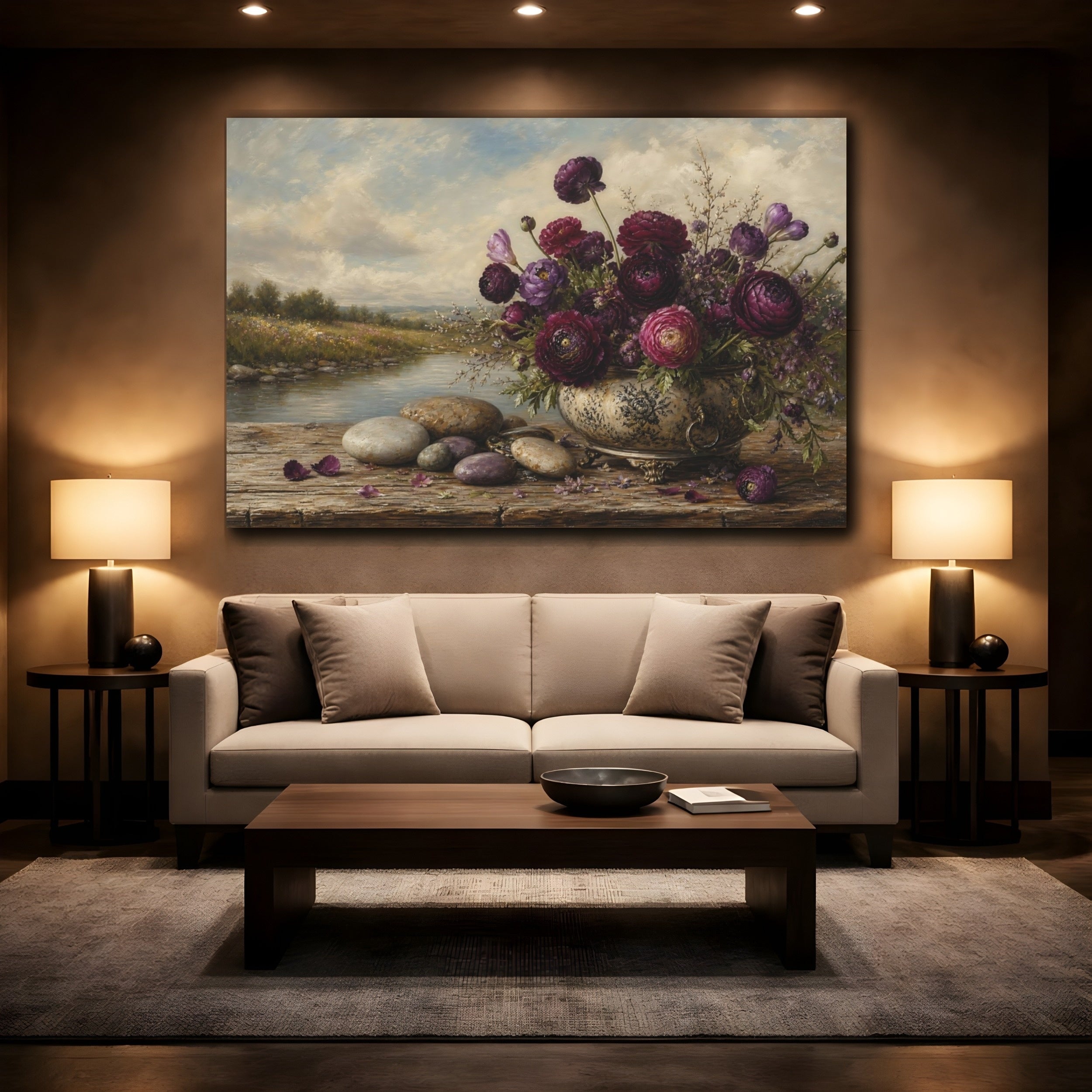 Mockup 2. Antique Still-Life Painting Plum Ranunculus Beside River Stones On Wooden Bench shown as stretched canvas wall art