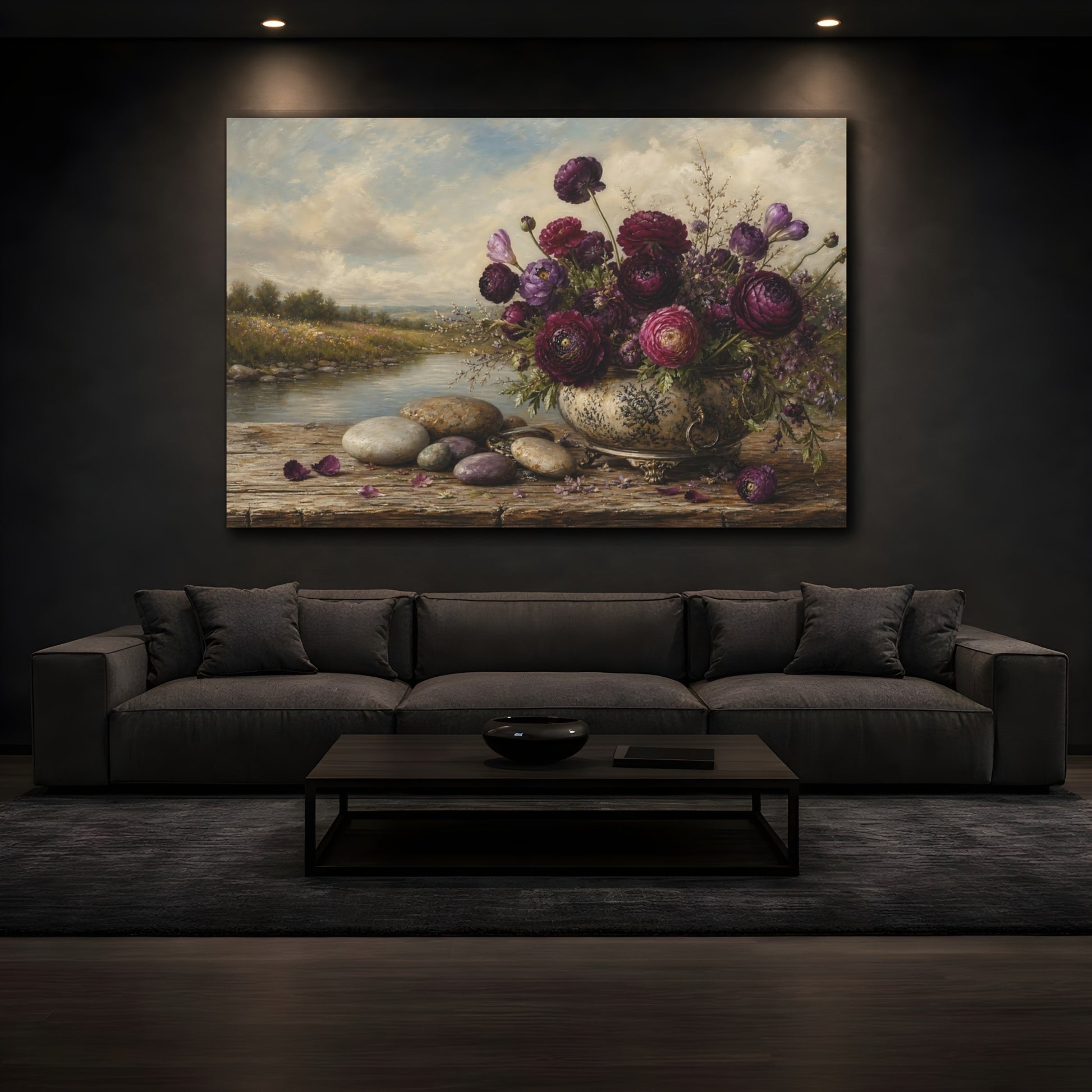 Mockup 3. Antique Still-Life Painting Plum Ranunculus Beside River Stones On Wooden Bench shown as stretched canvas wall art
