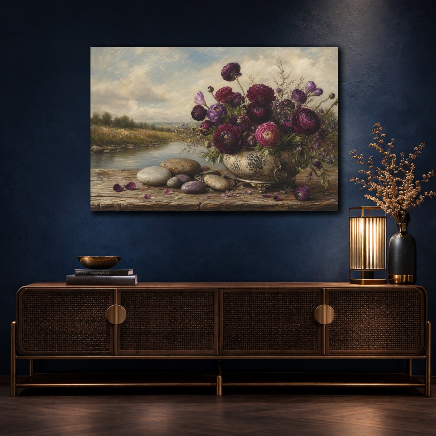 Mockup 4. Antique Still-Life Painting Plum Ranunculus Beside River Stones On Wooden Bench shown as stretched canvas wall art