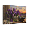 Side Mockup 4. Antique Still-Life Painting Purple Tulips In Stoneware Bowl At Dusk shown as stretched canvas wall art
