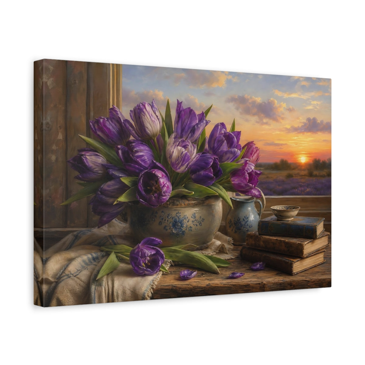 Side Mockup 4. Antique Still-Life Painting Purple Tulips In Stoneware Bowl At Dusk shown as stretched canvas wall art