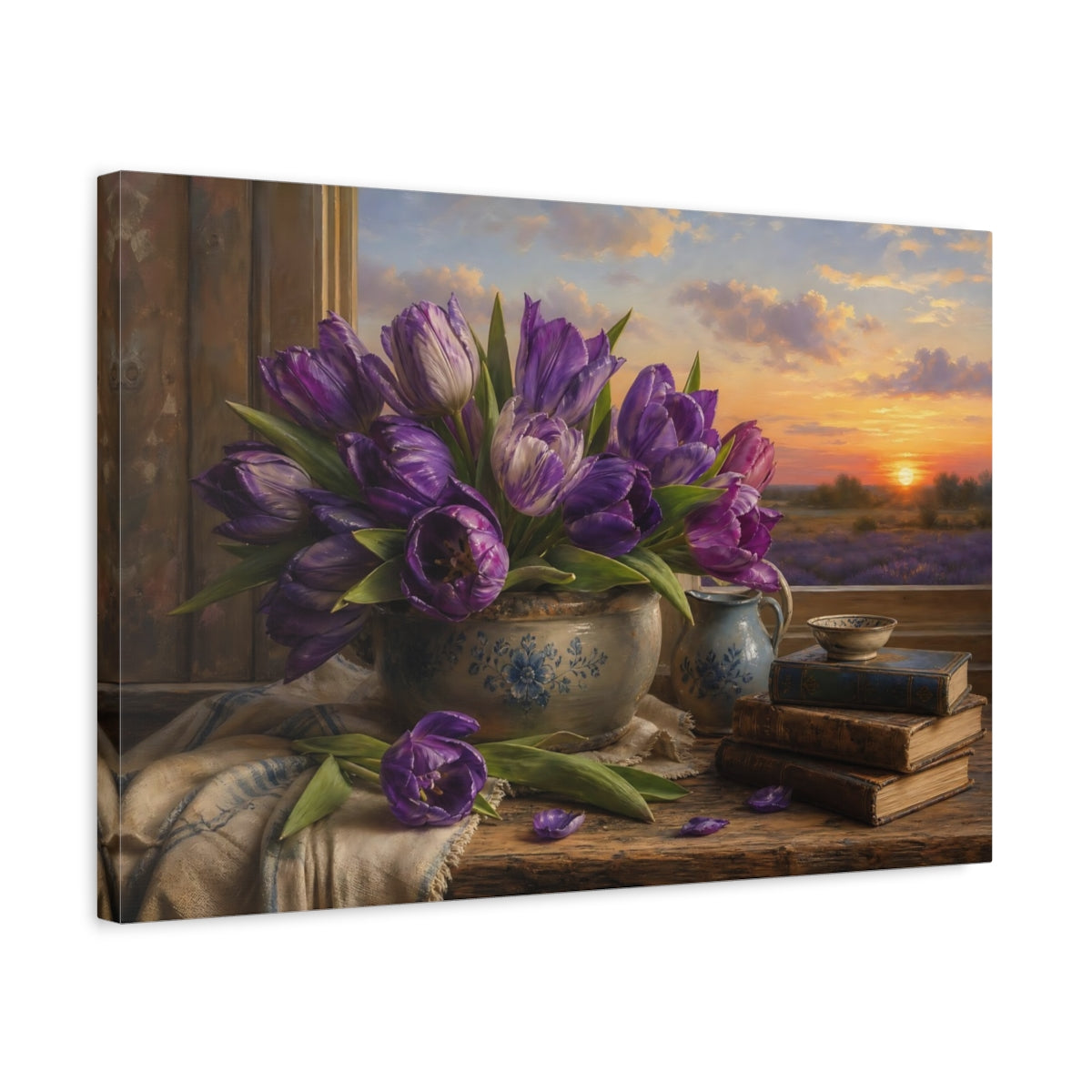 Side Mockup 3. Antique Still-Life Painting Purple Tulips In Stoneware Bowl At Dusk shown as stretched canvas wall art