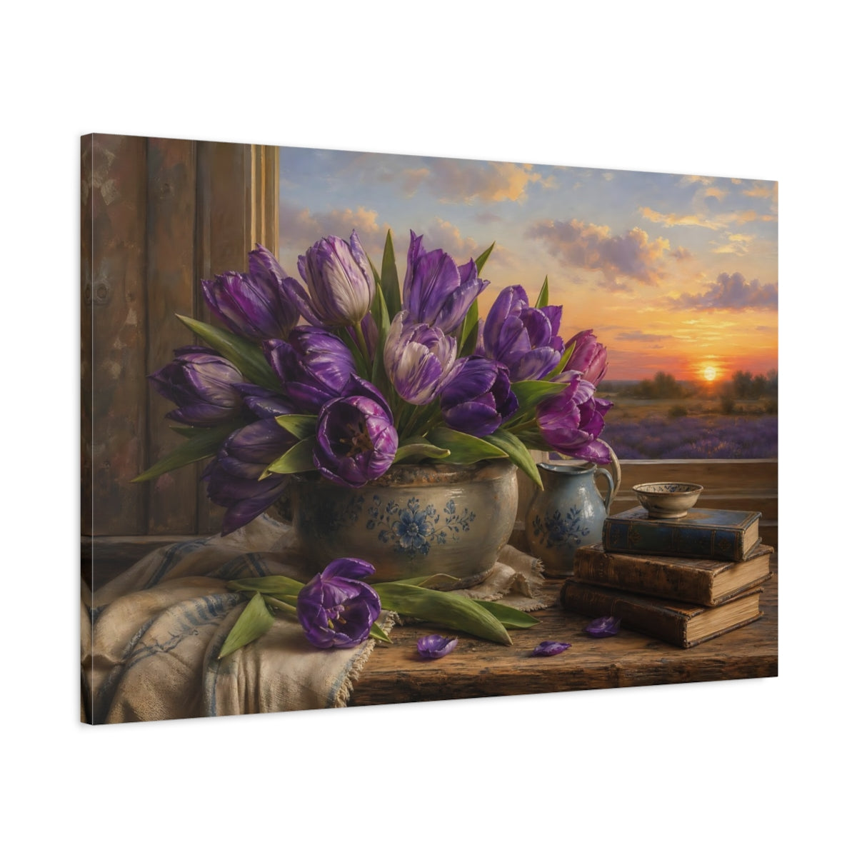 Main Mockup. Antique Still-Life Painting Purple Tulips In Stoneware Bowl At Dusk shown as stretched canvas wall art