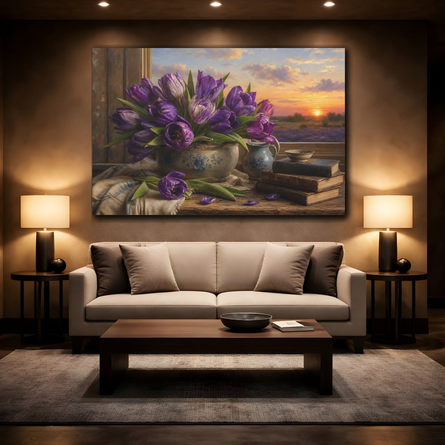 Mockup 2. Antique Still-Life Painting Purple Tulips In Stoneware Bowl At Dusk shown as stretched canvas wall art