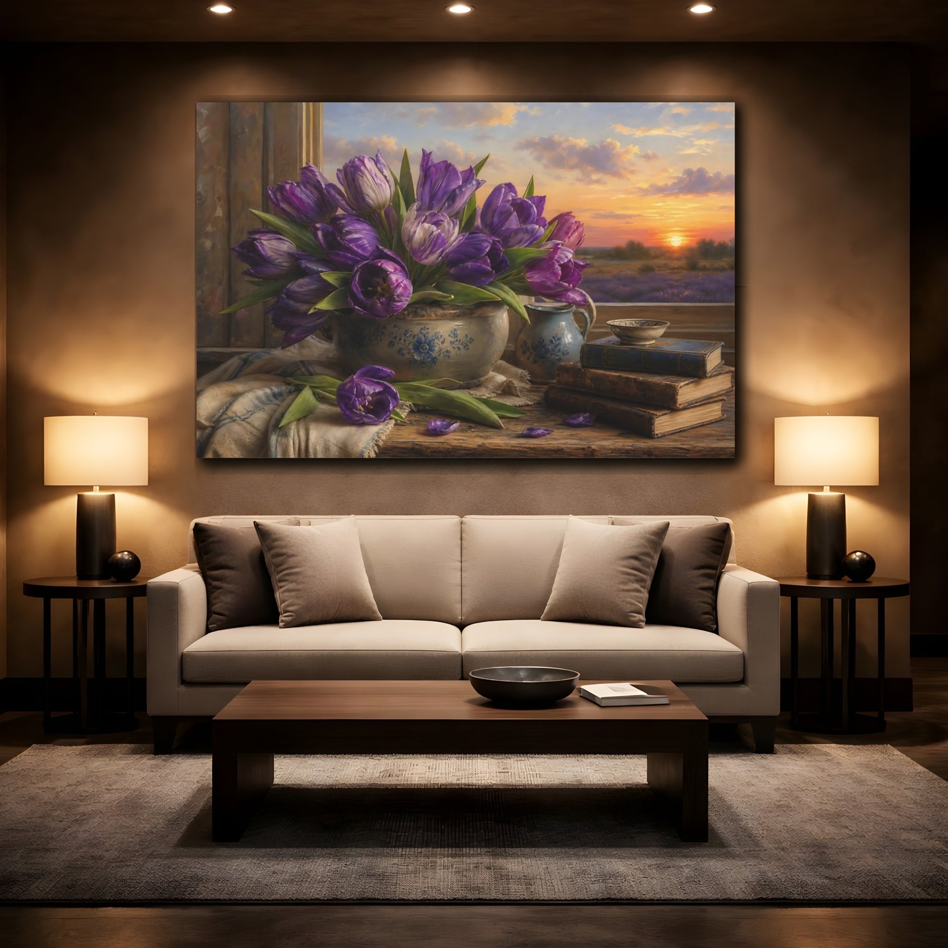 Mockup 2. Antique Still-Life Painting Purple Tulips In Stoneware Bowl At Dusk shown as stretched canvas wall art