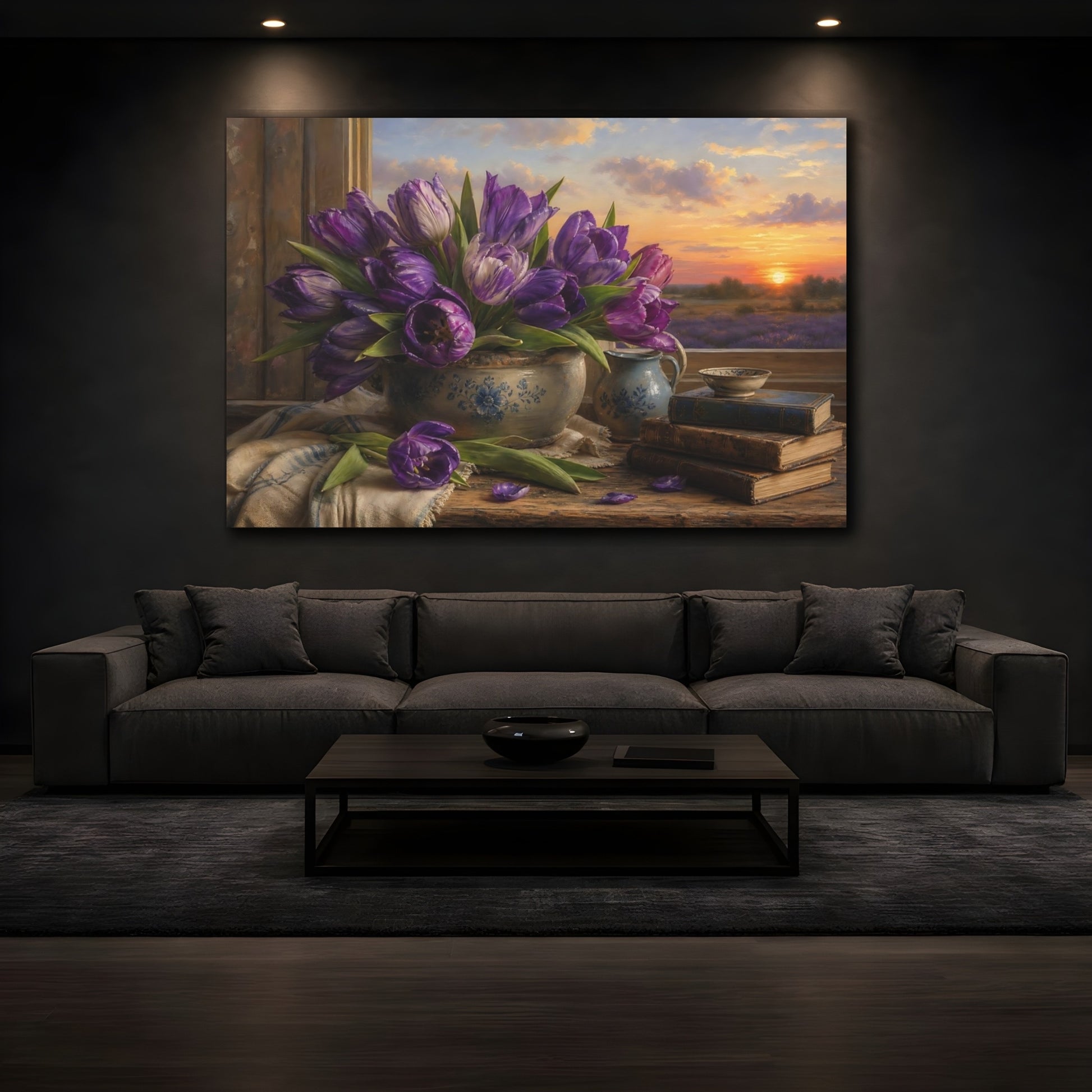 Mockup 3. Antique Still-Life Painting Purple Tulips In Stoneware Bowl At Dusk shown as stretched canvas wall art