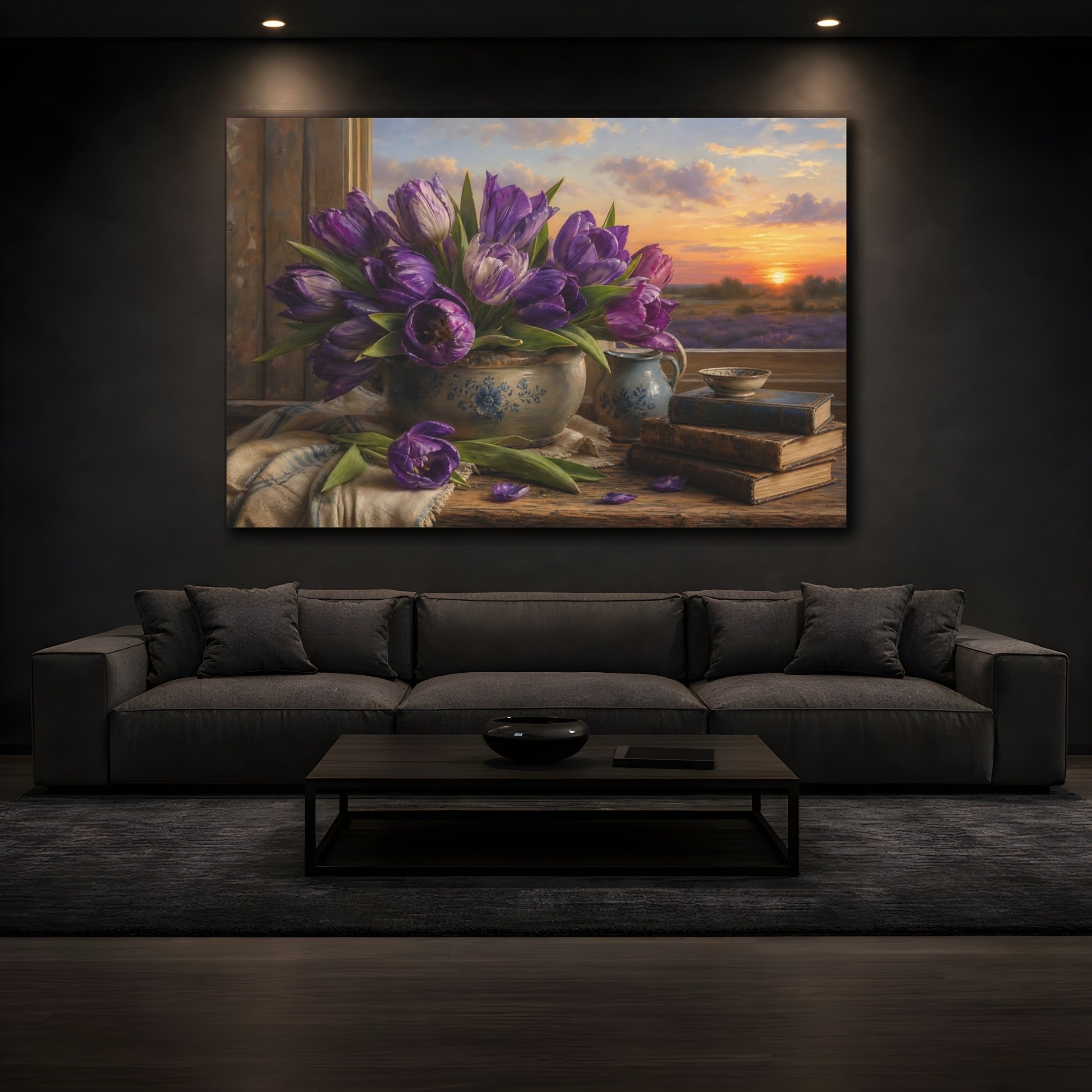 Mockup 3. Antique Still-Life Painting Purple Tulips In Stoneware Bowl At Dusk shown as stretched canvas wall art