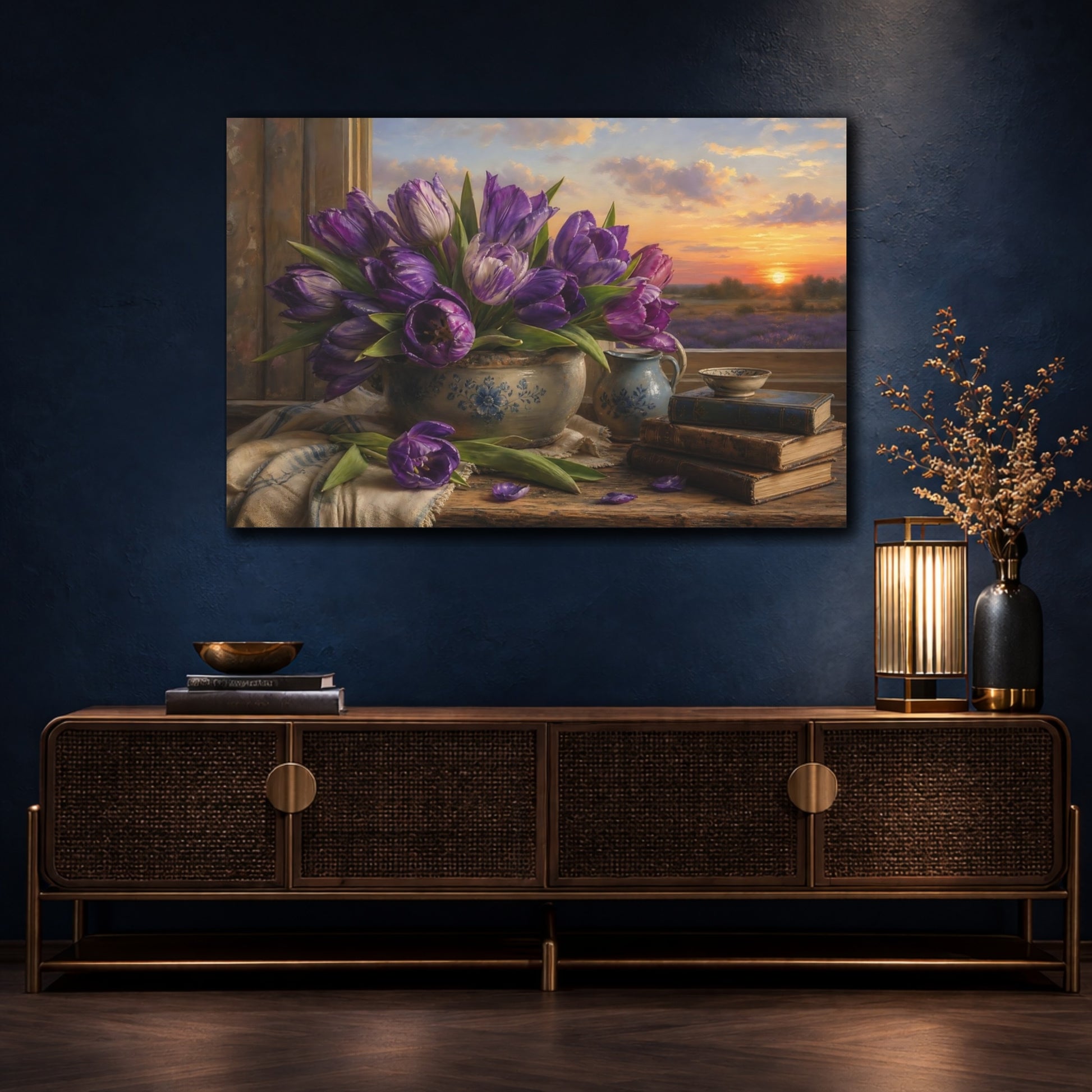 Mockup 4. Antique Still-Life Painting Purple Tulips In Stoneware Bowl At Dusk shown as stretched canvas wall art