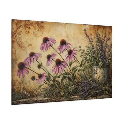 Side Mockup 1. Antique Still-Life Painting Row Of Plum Prairie Coneflowers Beside Herb Garden shown as stretched canvas wall art